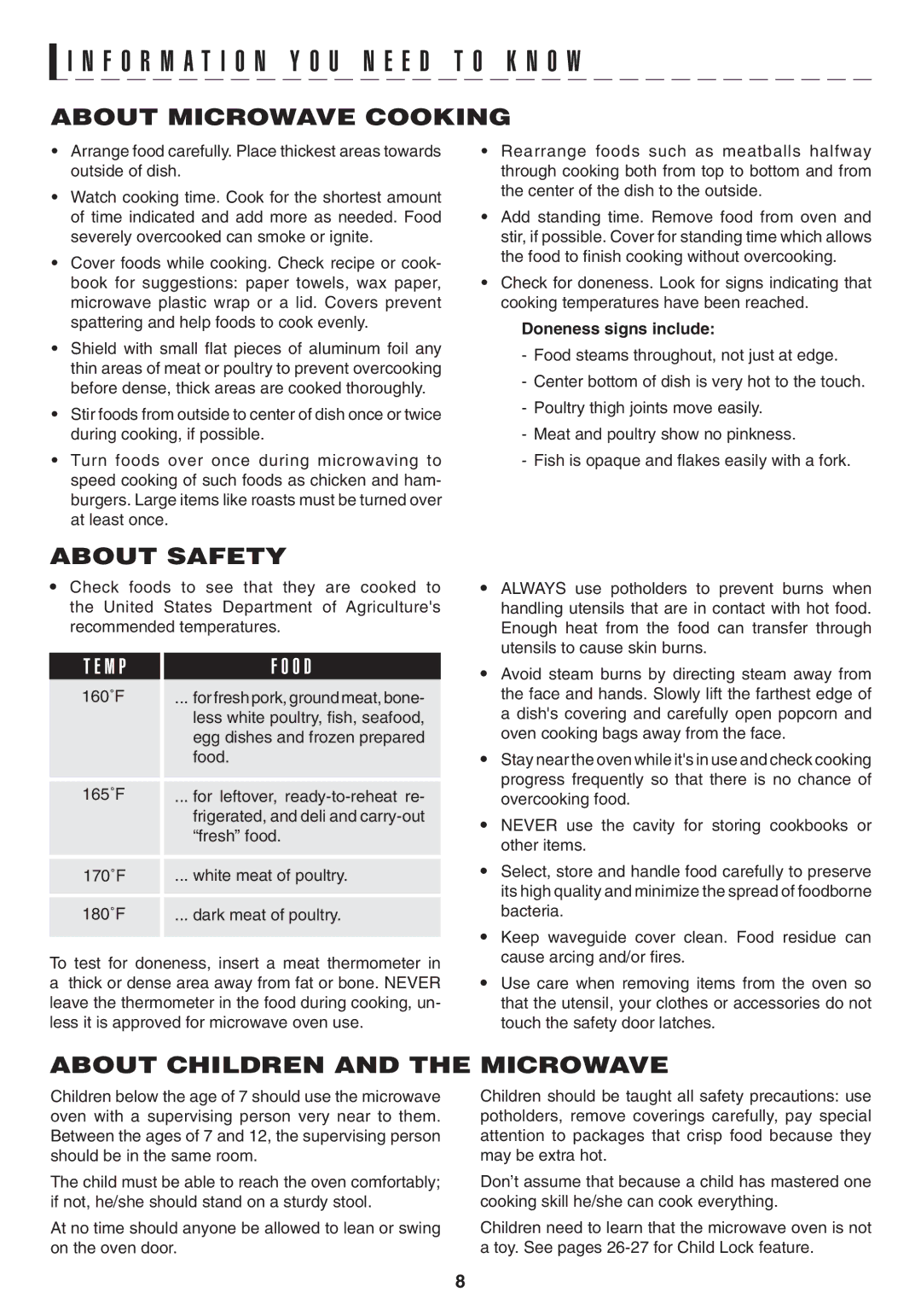 Sony R1880L About Microwave Cooking, About Safety, About Children and the Microwave, Doneness signs include 