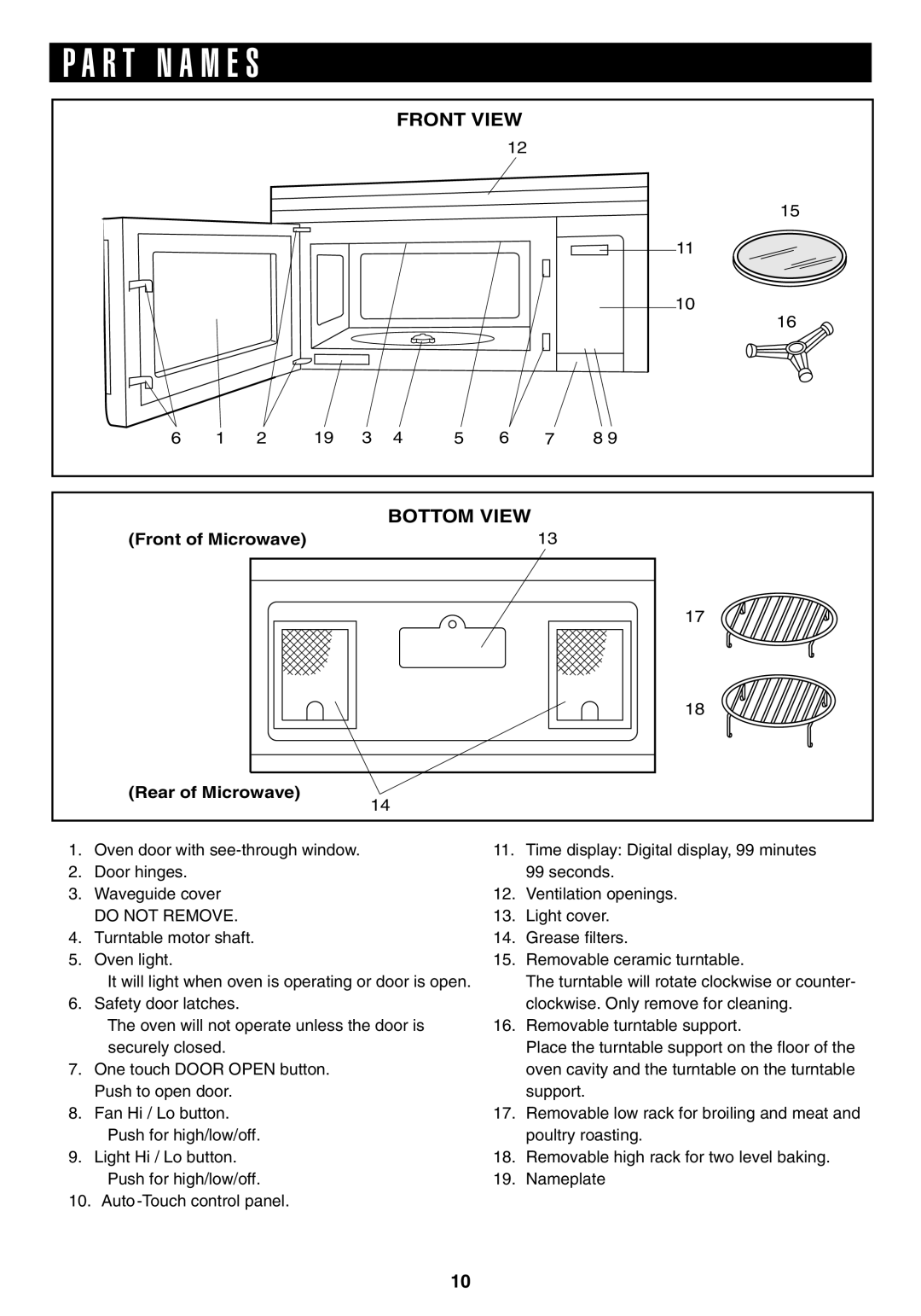 Sony R1880L operation manual P A R T N A M E S, Front View, Bottom View 