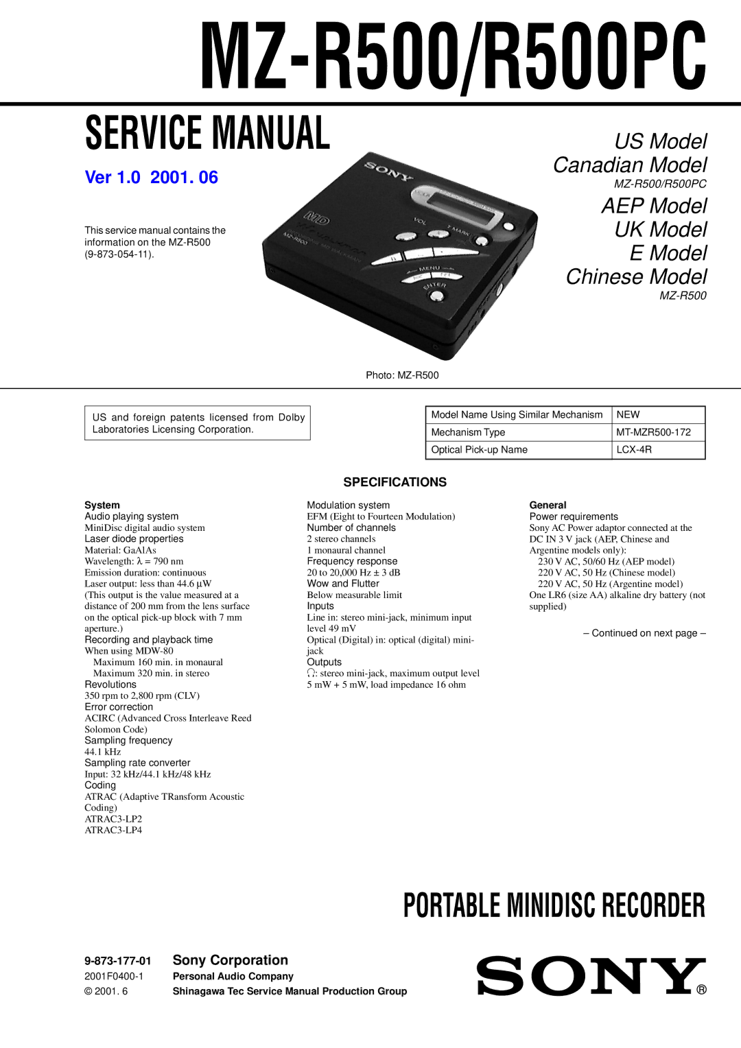 Sony R500PC service manual Specifications, New, LCX-4R 