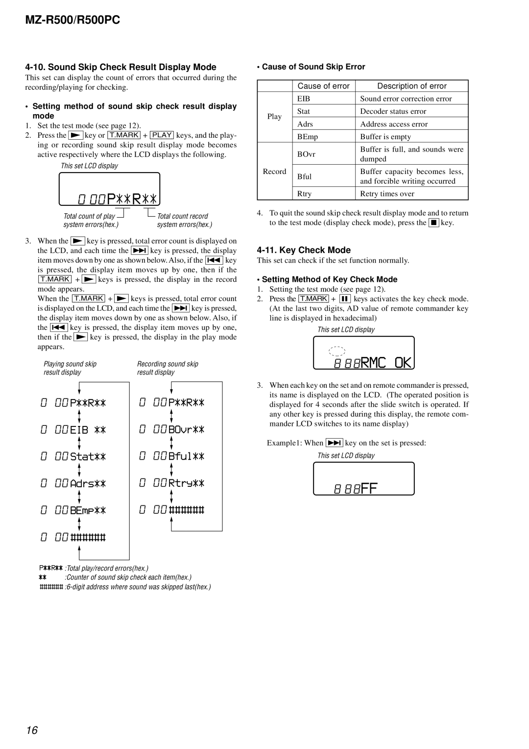 Sony R500PC service manual 88RMC OK, Sound Skip Check Result Display Mode, Key Check Mode 