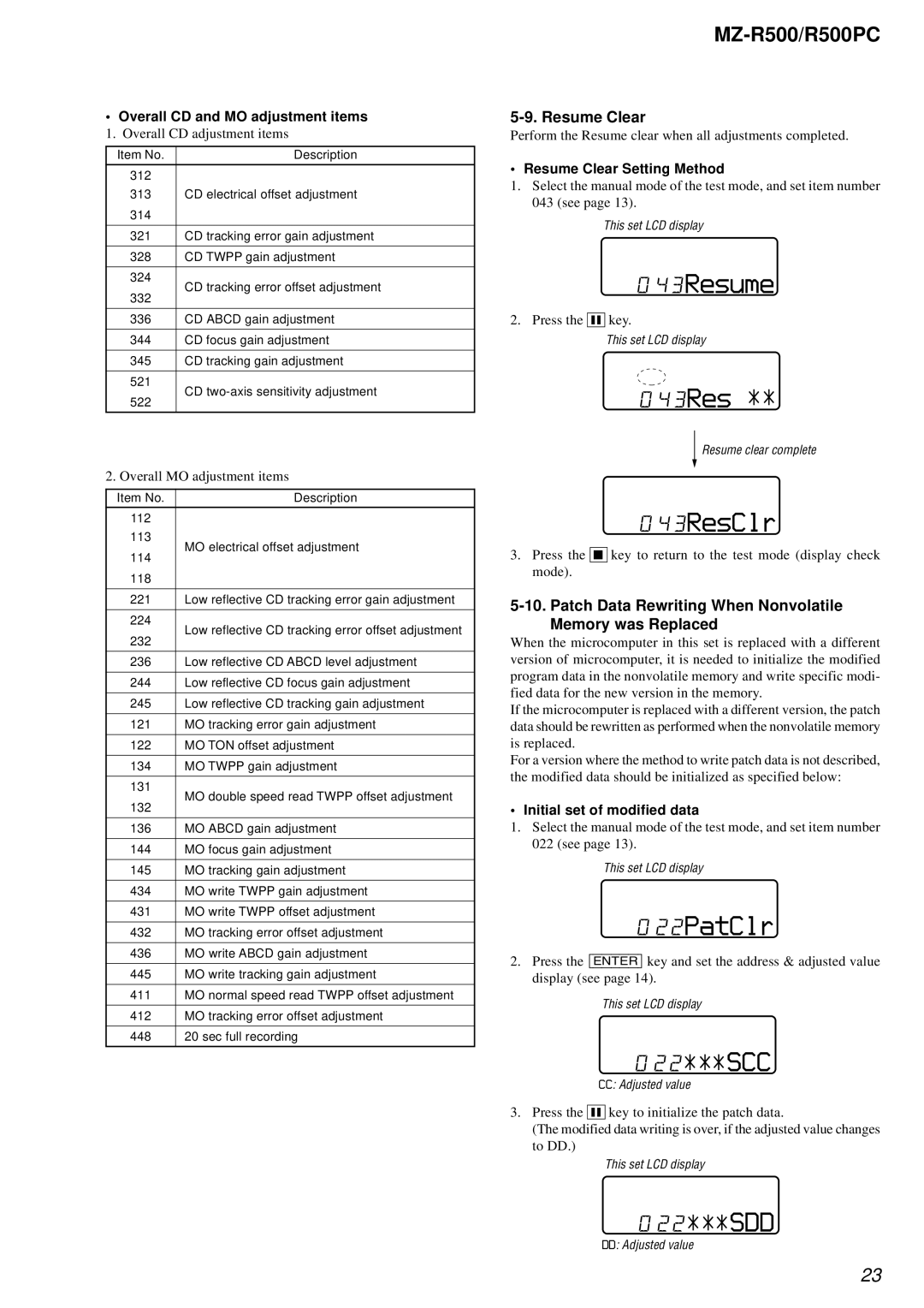 Sony R500PC service manual 43Resume, 43ResClr, 22PatClr, 22 SCC, 22 SDD 