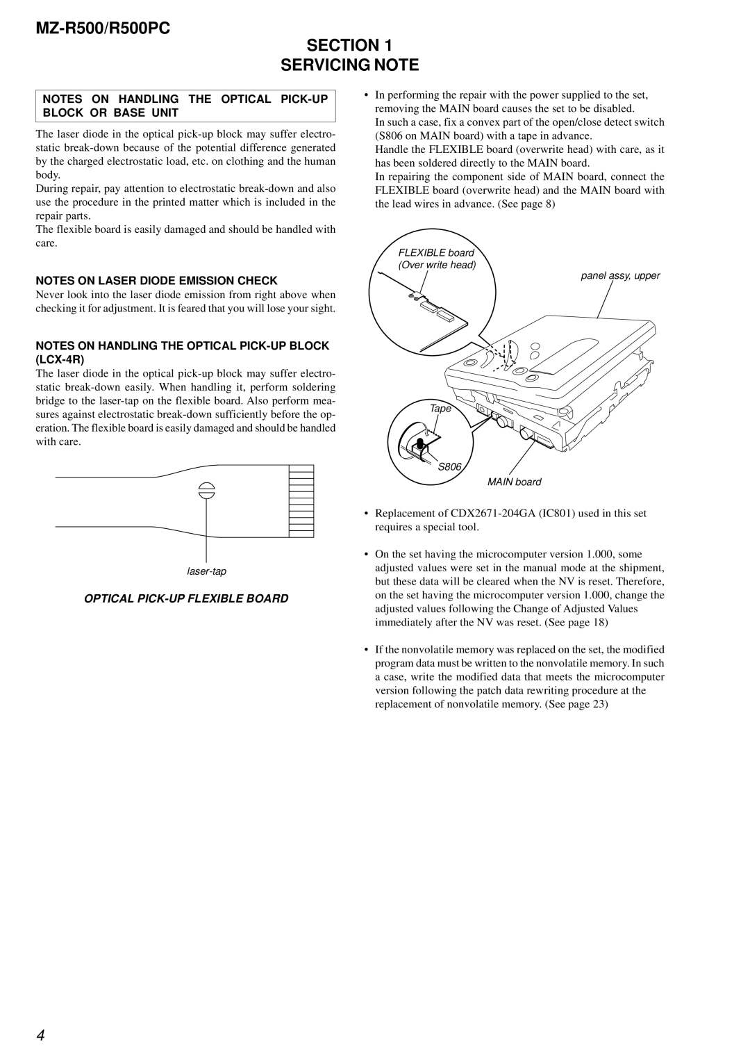 Sony R500PC service manual Section Servicing Note, Optical PICK-UP Flexible Board 