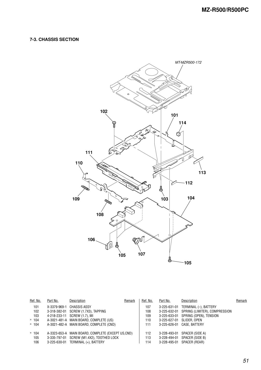 Sony R500PC service manual Chassis Section, 102 101 114 111 110 113 112 109 103 104 108 106 105 