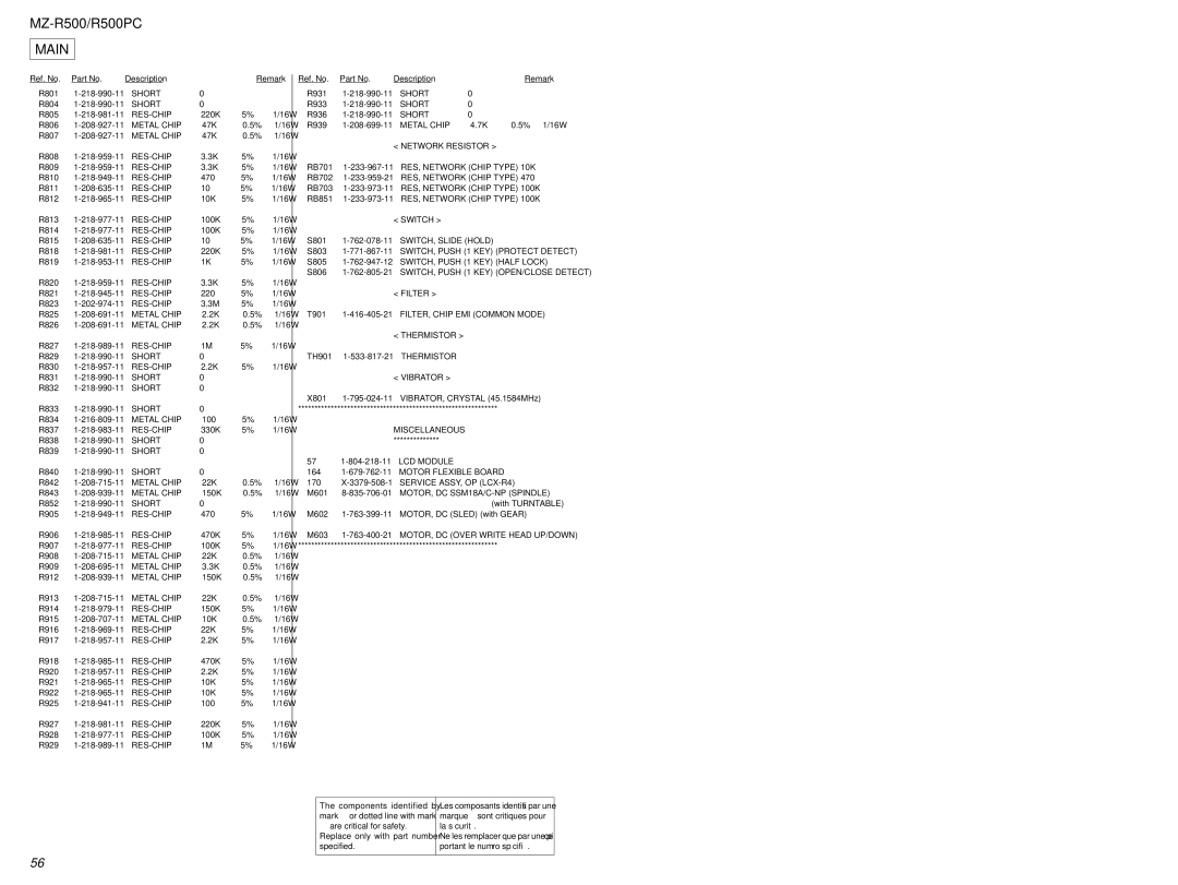 Sony R500PC Network Resistor, Switch, SWITCH, Slide Hold, Filter, FILTER, Chip EMI Common Mode, Thermistor, Vibrator 