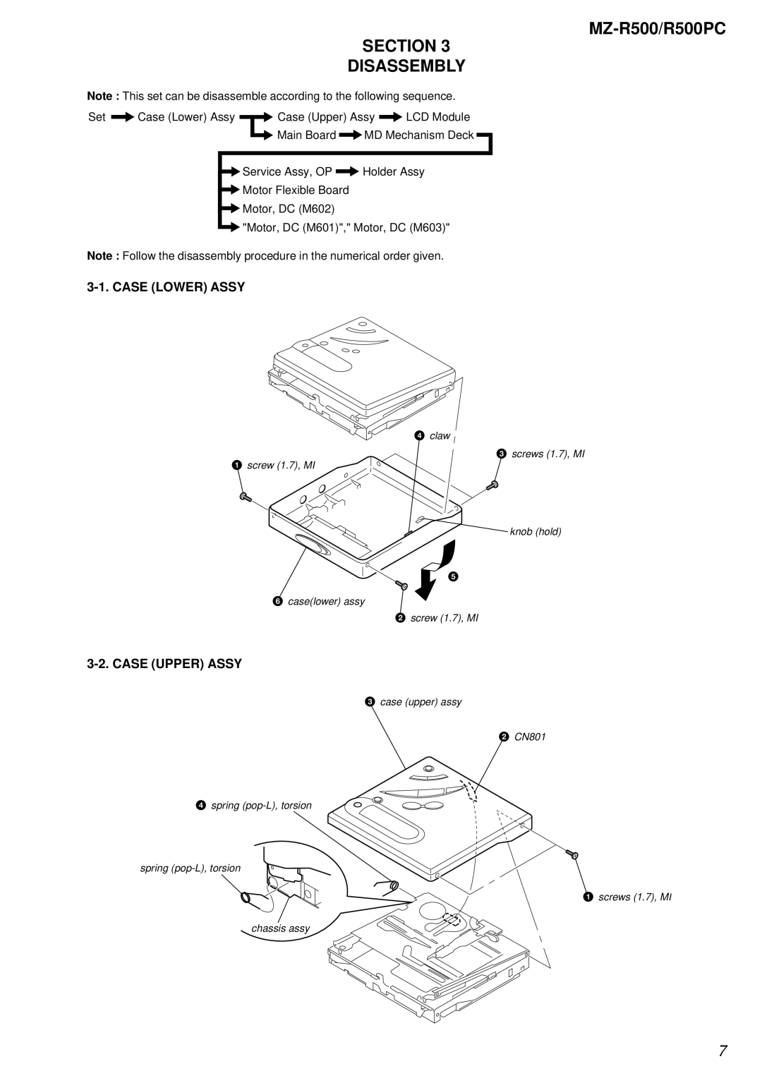 Sony R500PC service manual Section Disassembly, Case Lower Assy, Case Upper Assy 