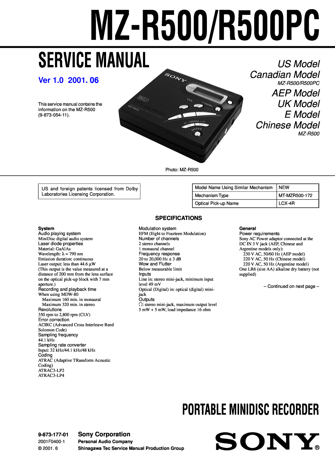 Sony service manual MZ-R500/R500PC, US Model Canadian Model, AEP Model UK Model E Model Chinese Model, Ver 