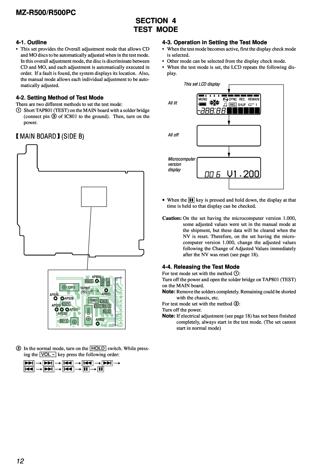Sony service manual MZ-R500/R500PC SECTION TEST MODE, a88, Main Board Side B, Outline, Setting Method of Test Mode 