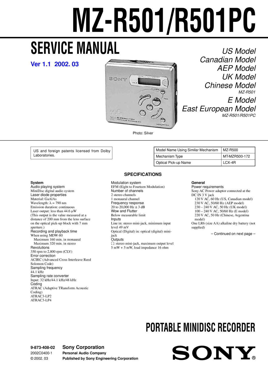 Sony R501PC service manual Specifications, LCX-4R 