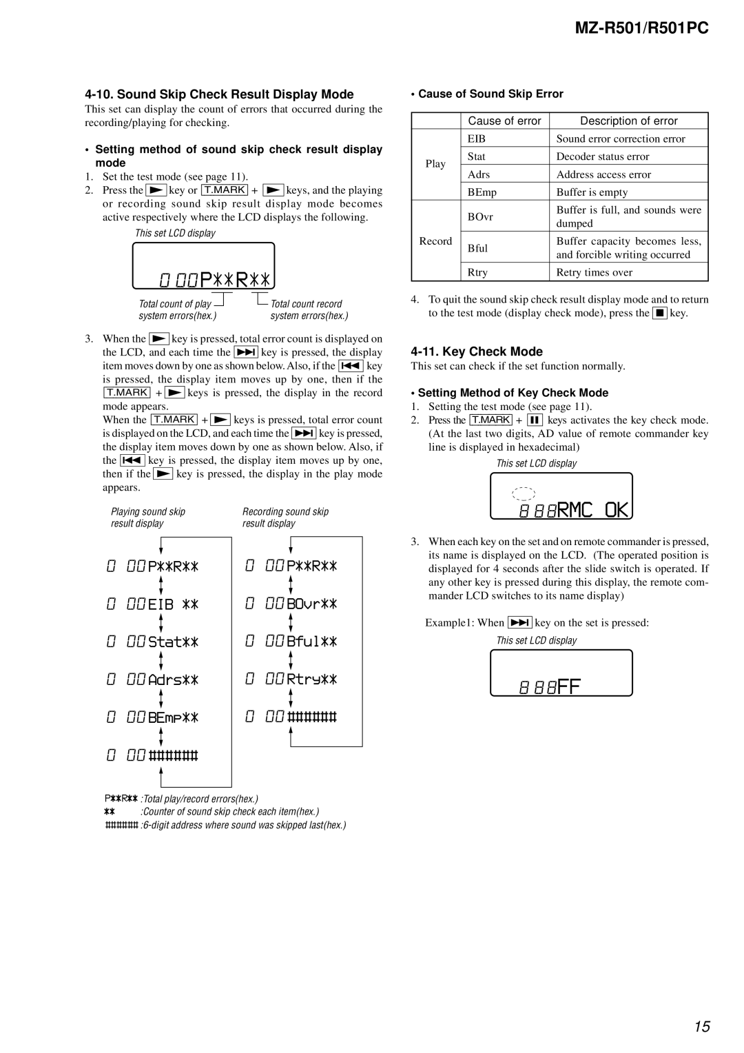 Sony R501PC service manual 88RMC OK, Sound Skip Check Result Display Mode, Key Check Mode 