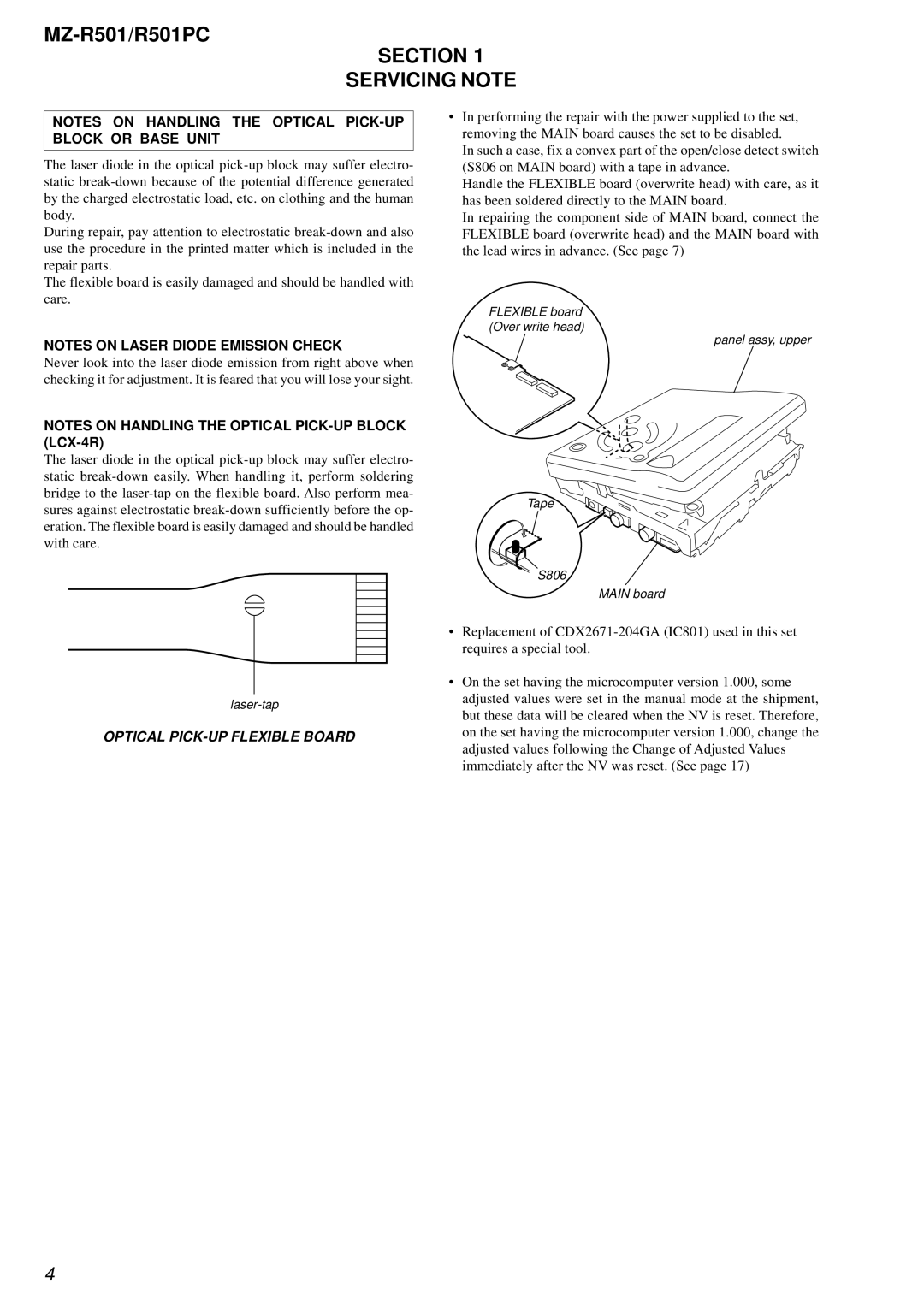 Sony R501PC service manual Section Servicing Note, Optical PICK-UP Flexible Board 