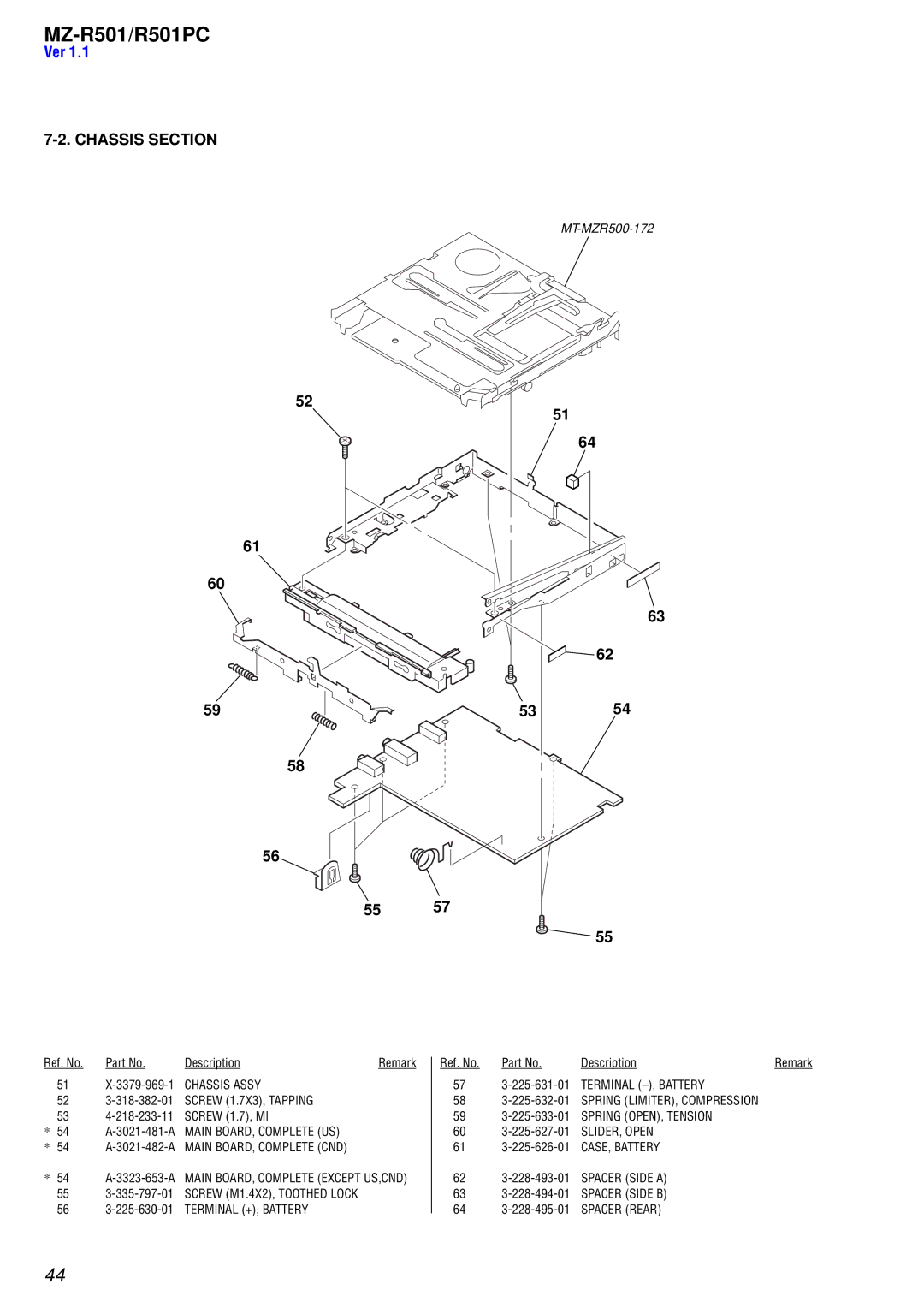 Sony R501PC service manual Chassis Section, 54 A-3323-653-A Main BOARD, Complete Except US,CND 