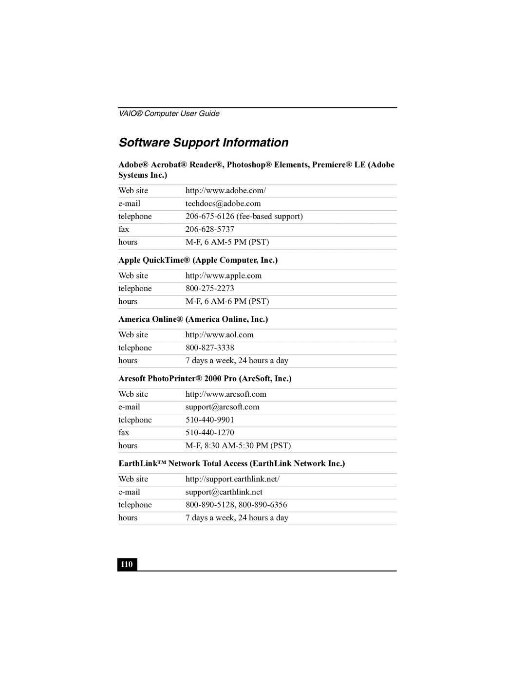 Sony R505 manual Software Support Information, Apple QuickTime Apple Computer, Inc, America Online America Online, Inc 