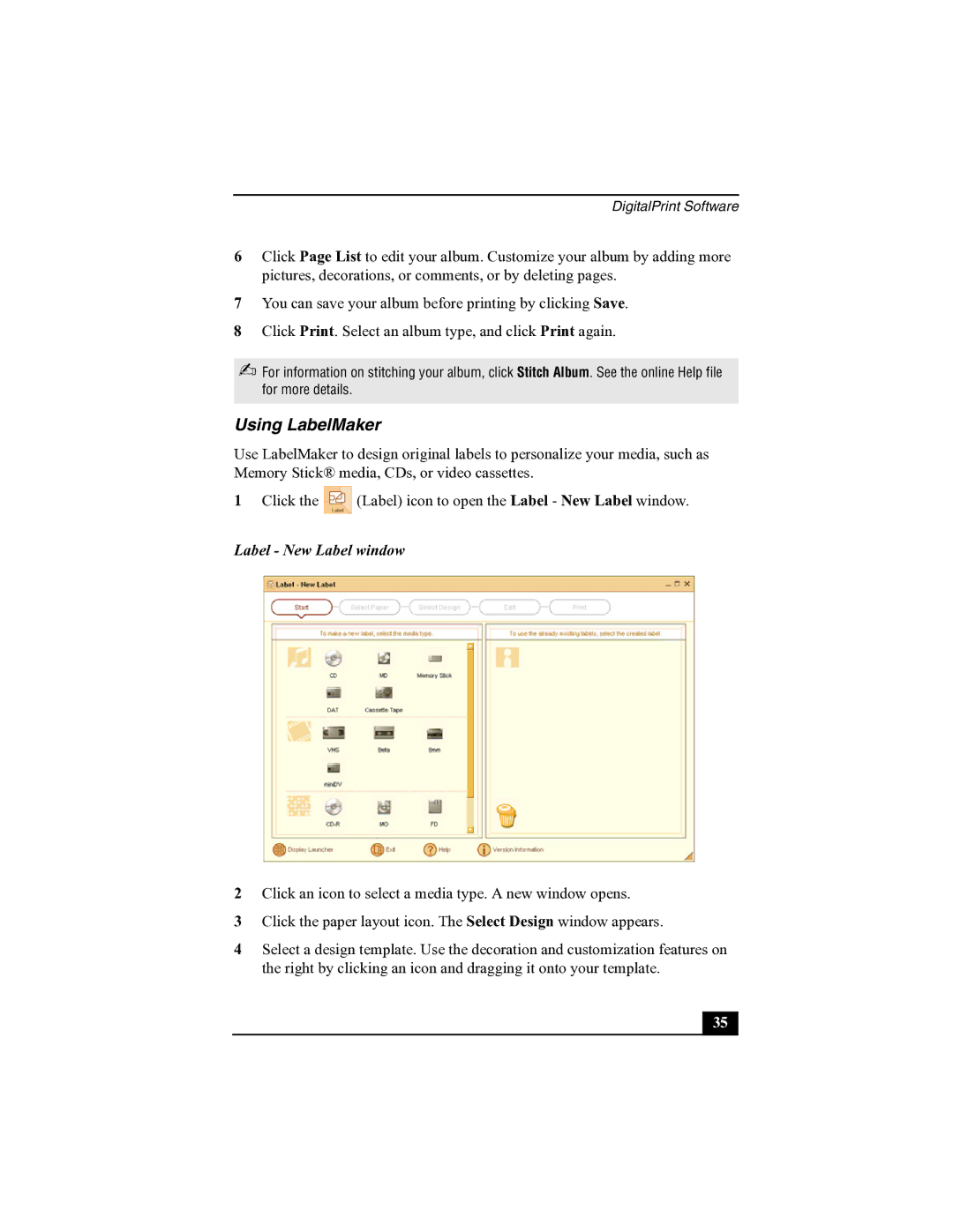 Sony R505 manual Using LabelMaker, Label New Label window 