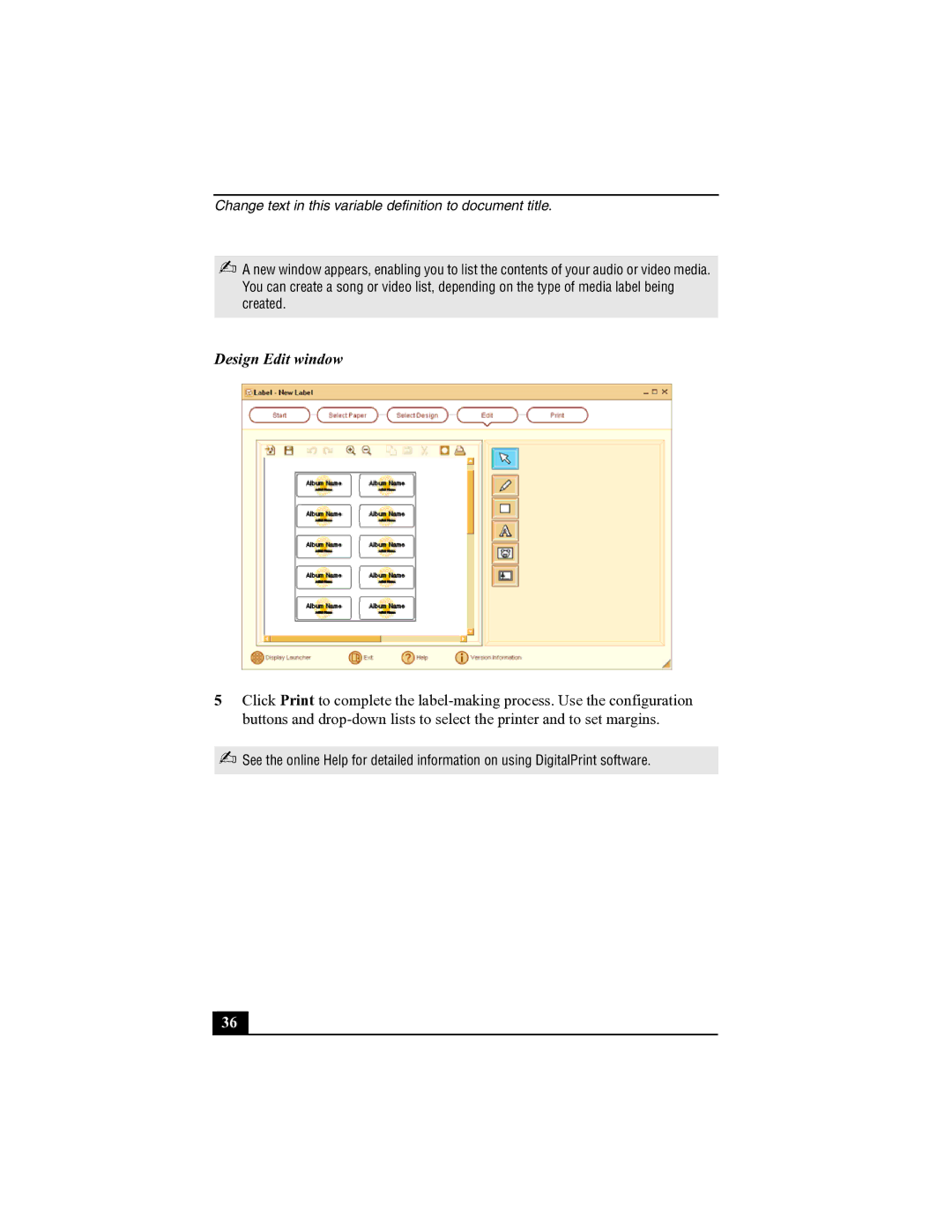 Sony R505 manual Design Edit window 