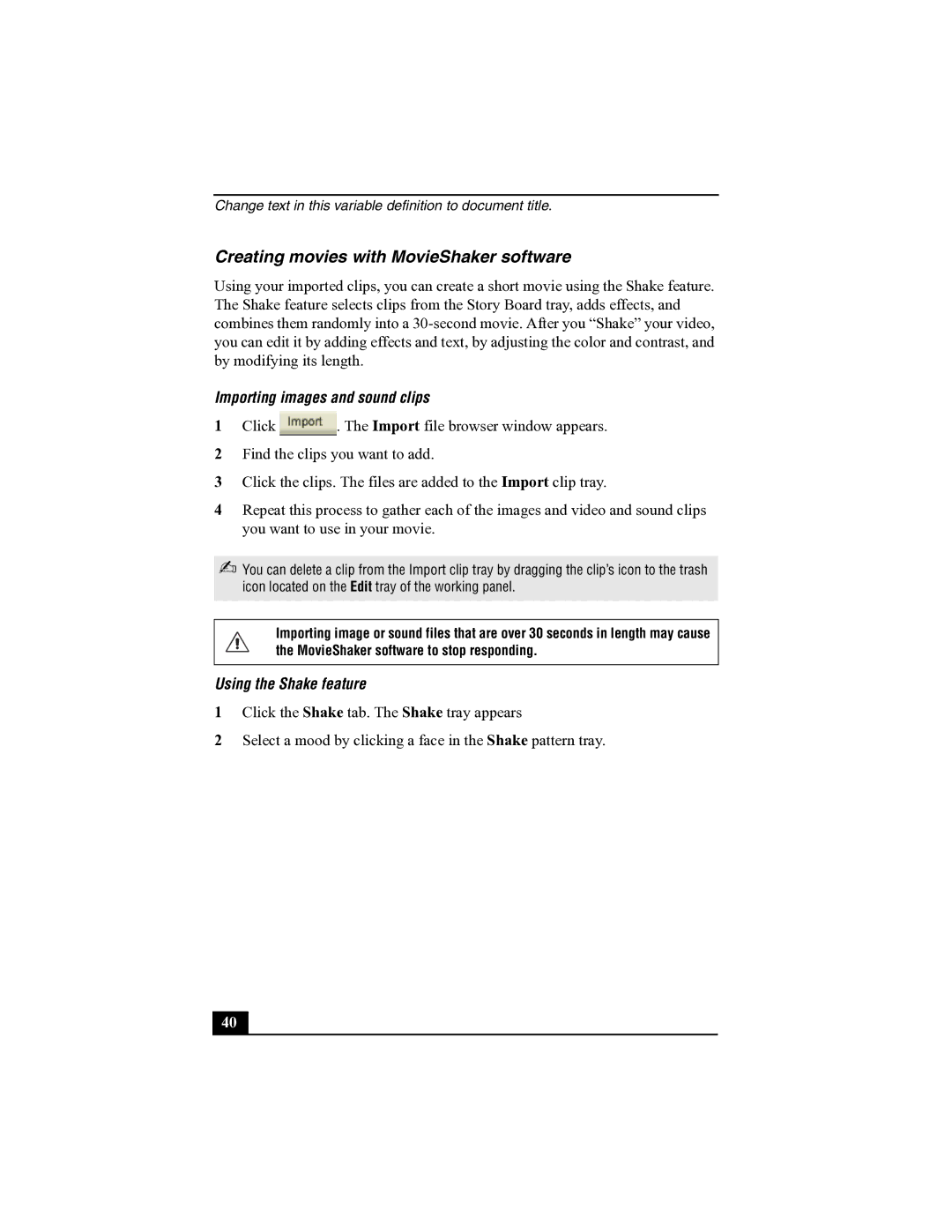 Sony R505 manual Creating movies with MovieShaker software, Importing images and sound clips, Using the Shake feature 