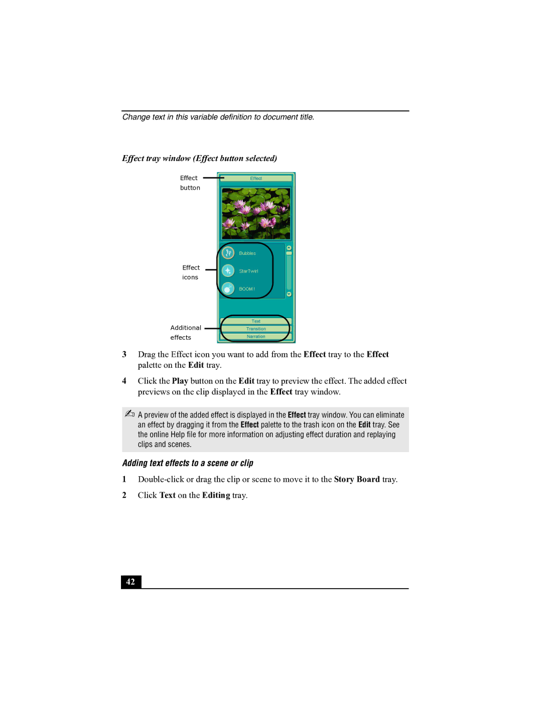 Sony R505 manual Effect tray window Effect button selected, Adding text effects to a scene or clip 