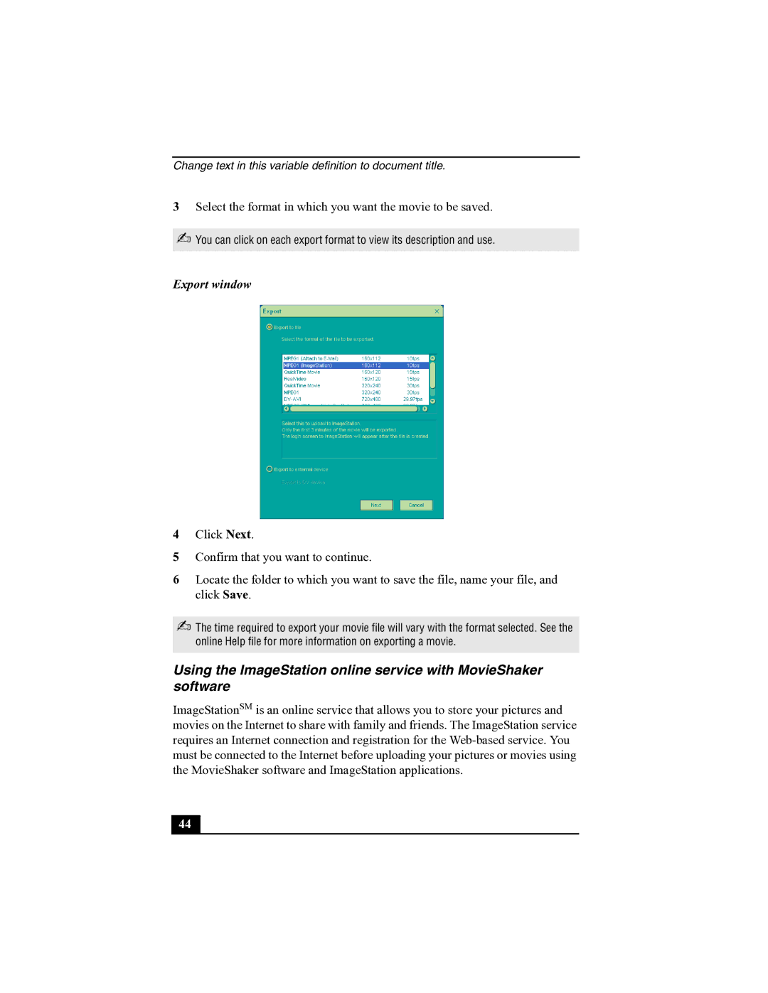 Sony R505 manual Export window 