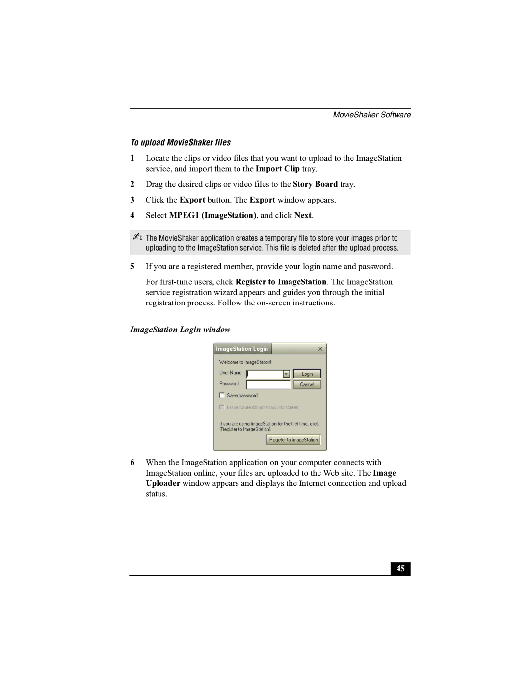 Sony R505 manual To upload MovieShaker files, Select MPEG1 ImageStation, and click Next, ImageStation Login window 