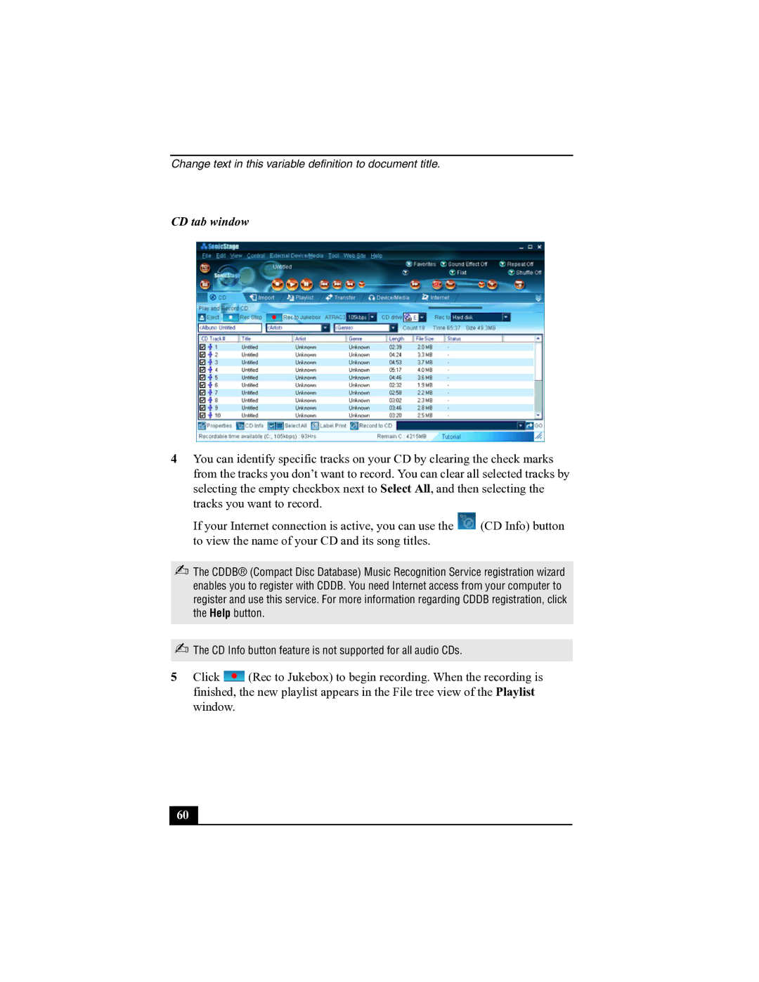 Sony R505 manual CD tab window 