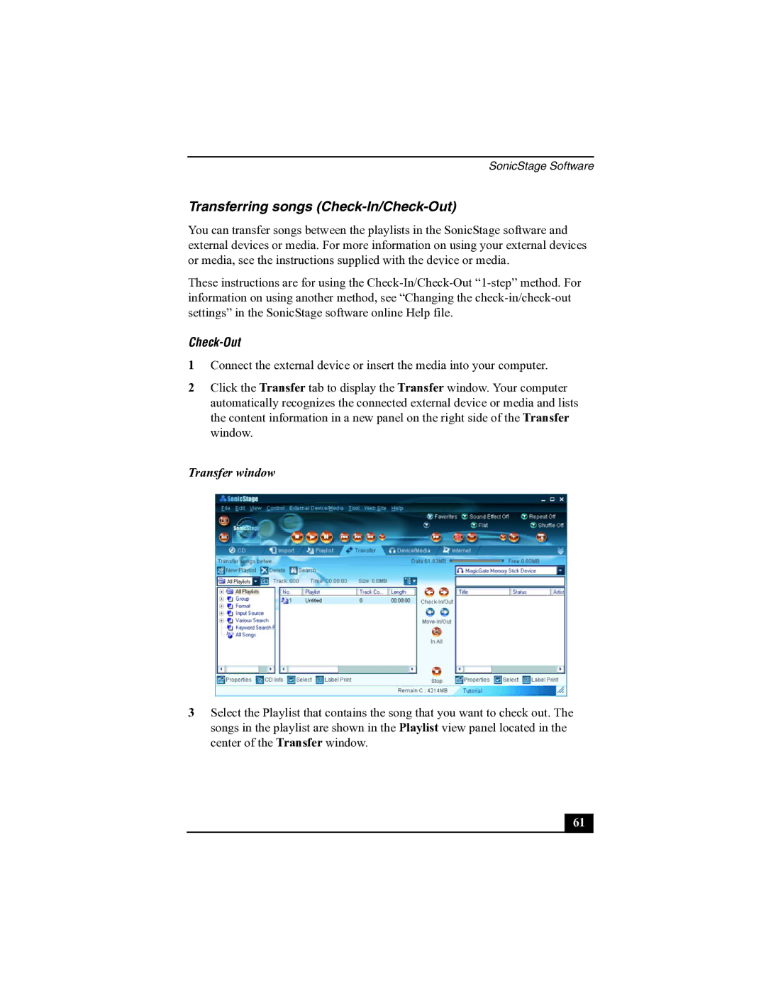 Sony R505 manual Transferring songs Check-In/Check-Out, Transfer window 