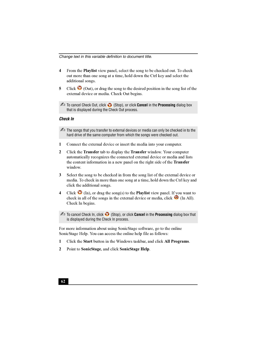 Sony R505 manual Check, Point to SonicStage, and click SonicStage Help 