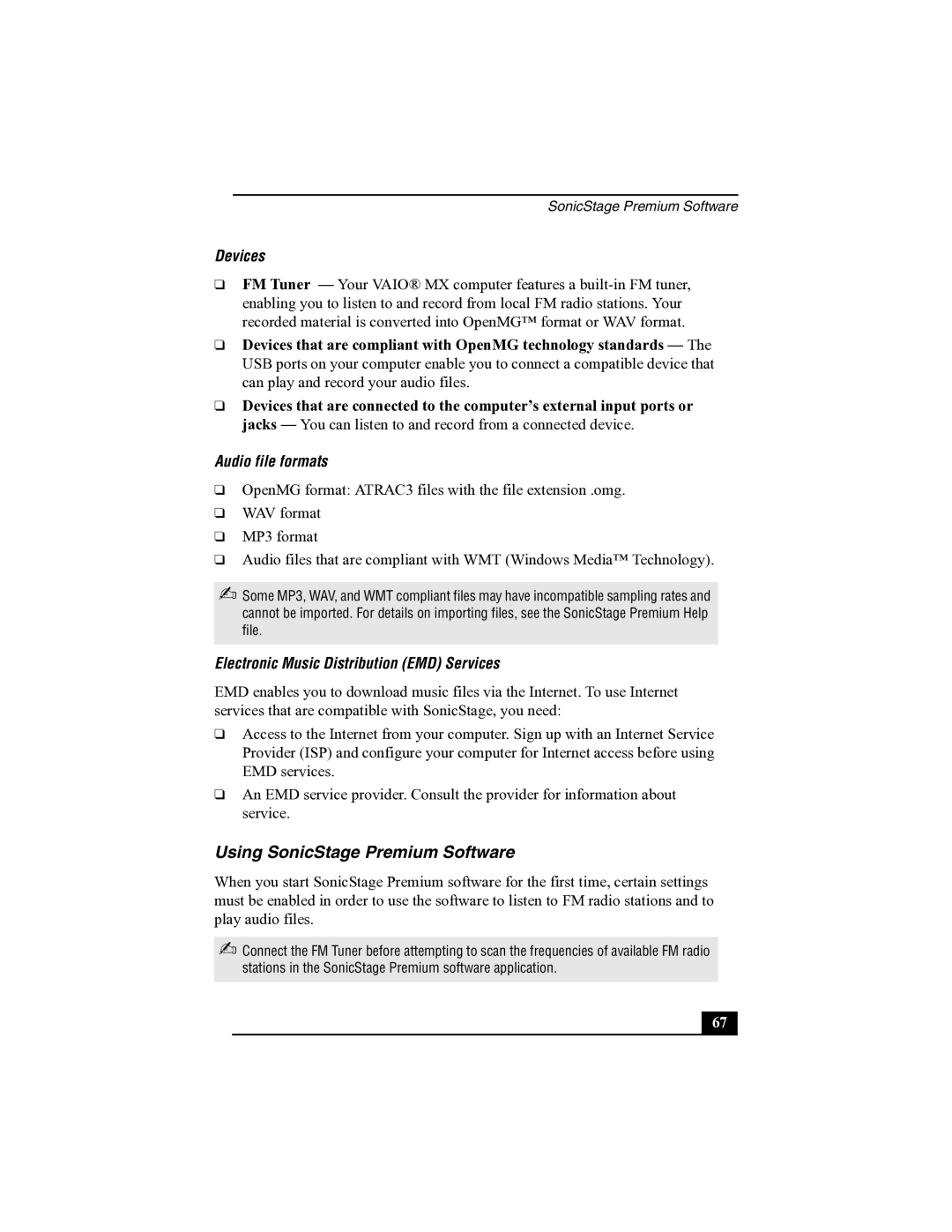 Sony R505 manual Using SonicStage Premium Software, Devices, Audio file formats, Electronic Music Distribution EMD Services 