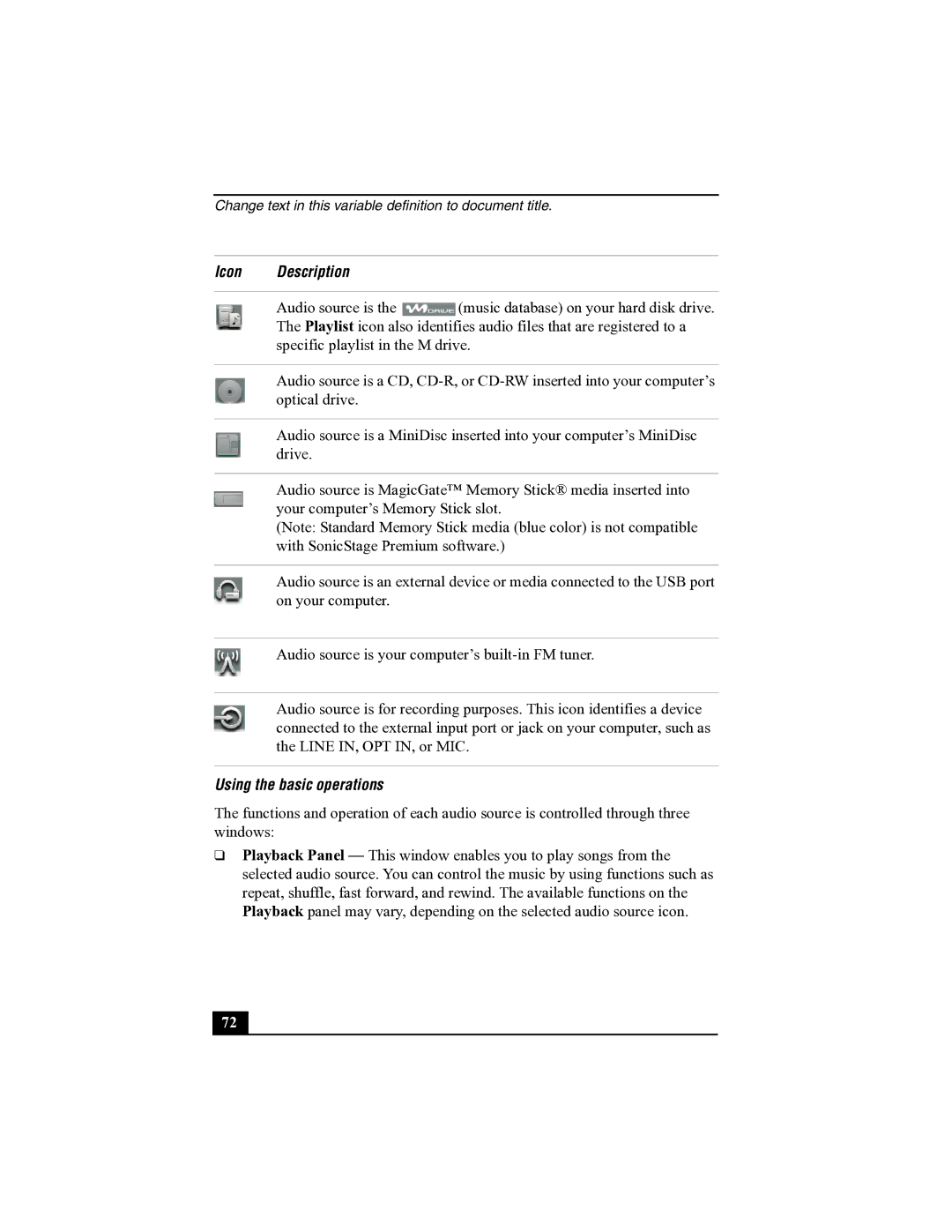 Sony R505 manual Icon Description, Using the basic operations 