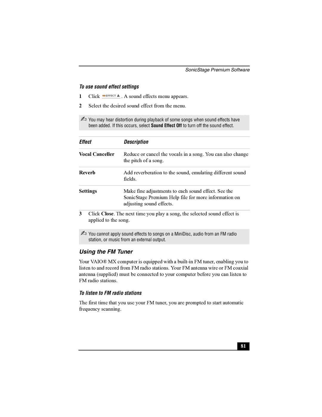 Sony R505 manual Using the FM Tuner, To use sound effect settings, EffectDescription, To listen to FM radio stations 