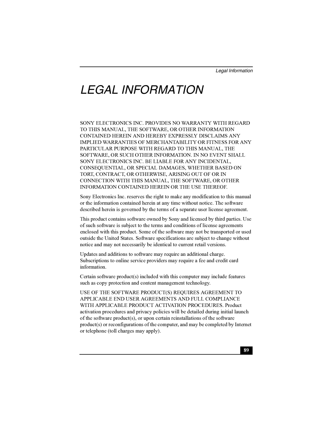 Sony R505 manual Legal Information 