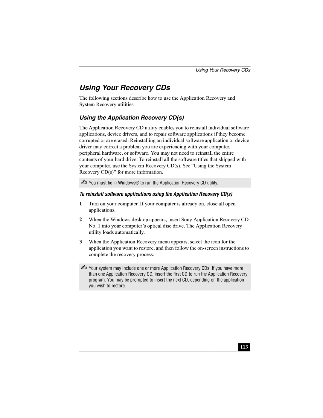 Sony R505 manual Using Your Recovery CDs, Using the Application Recovery CDs 