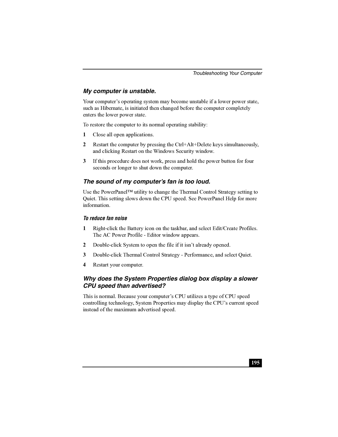 Sony R505 manual My computer is unstable, Sound of my computer’s fan is too loud, To reduce fan noise 