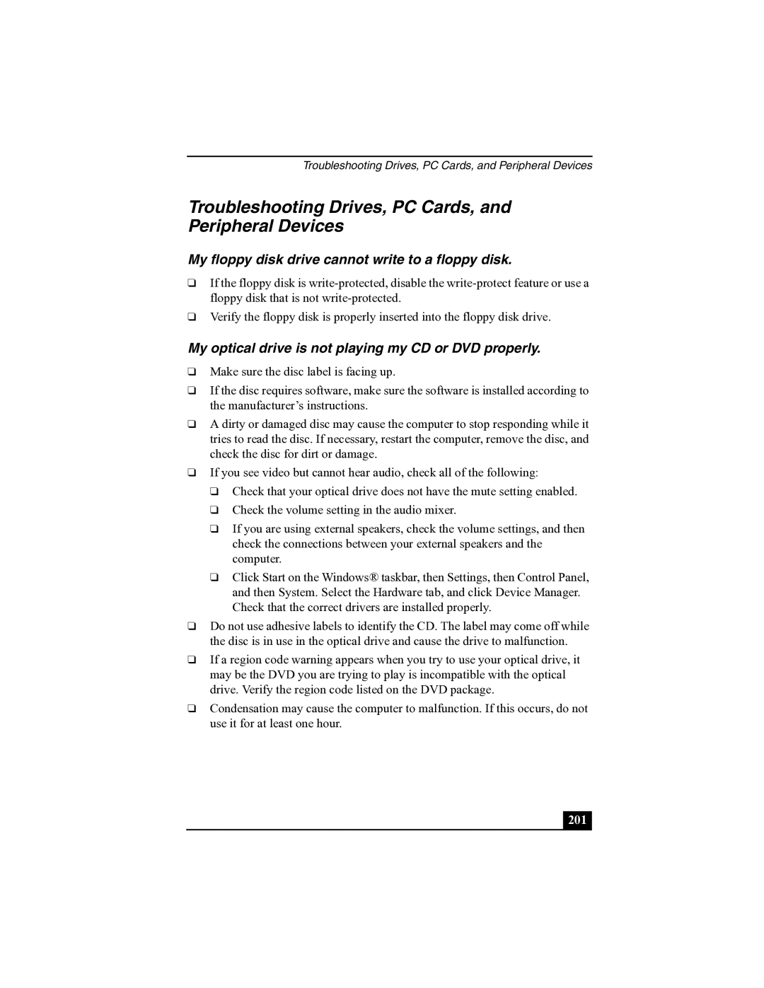 Sony R505 Troubleshooting Drives, PC Cards, and Peripheral Devices, My floppy disk drive cannot write to a floppy disk 