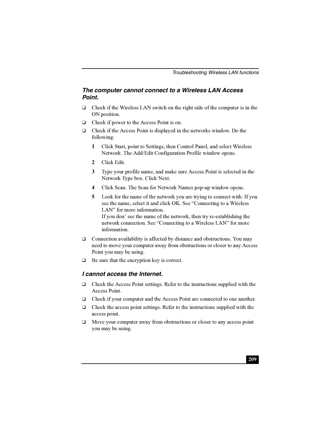 Sony R505 manual Computer cannot connect to a Wireless LAN Access Point, Cannot access the Internet 