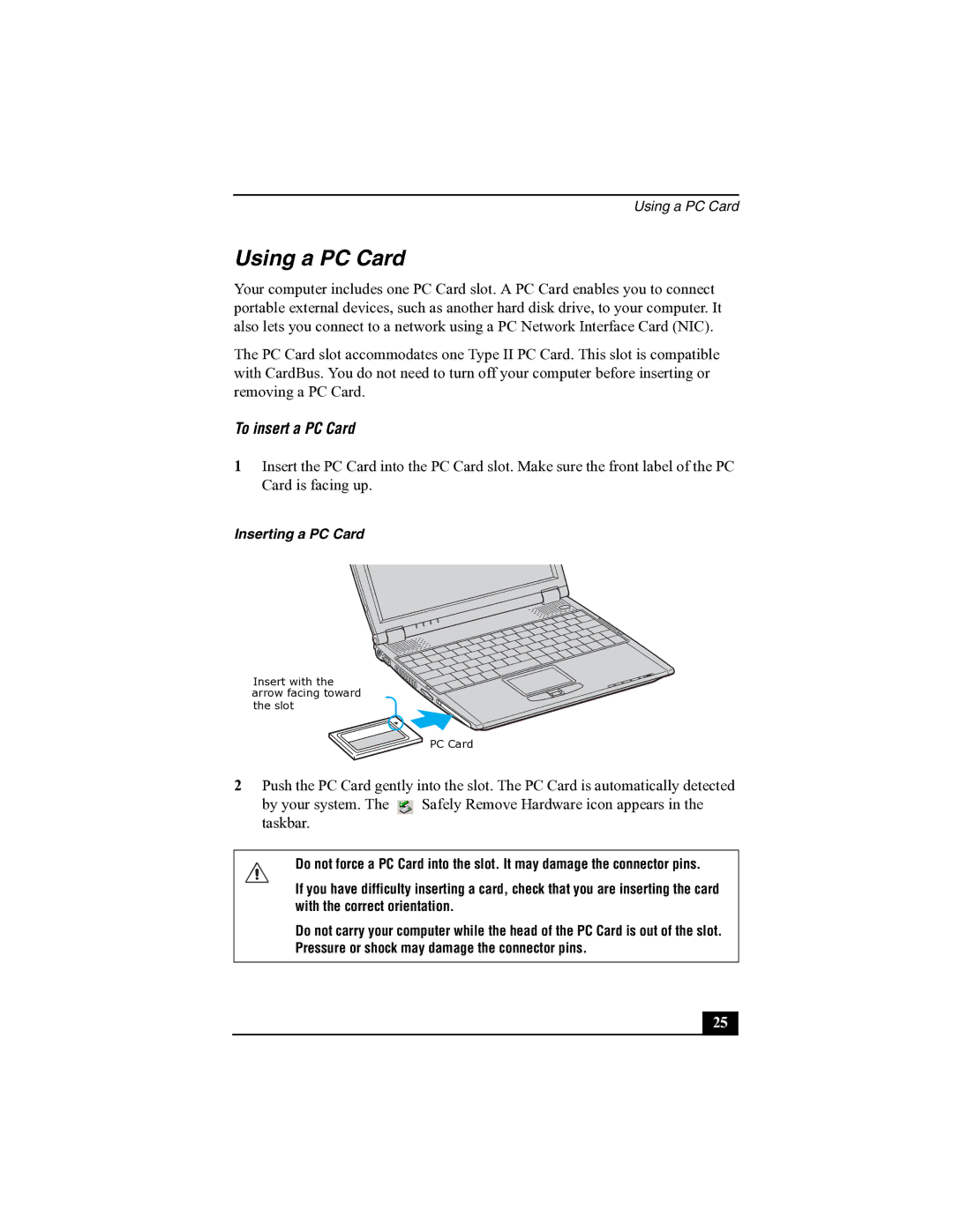 Sony R505 manual Using a PC Card, To insert a PC Card 