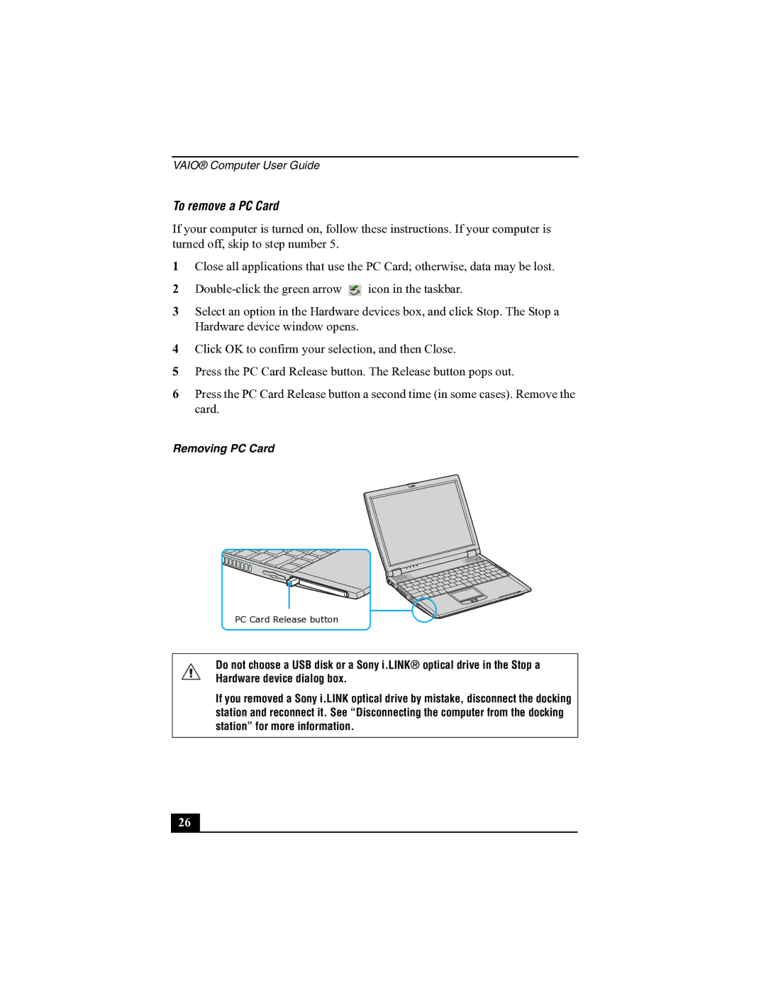 Sony R505 manual To remove a PC Card, Removing PC Card 