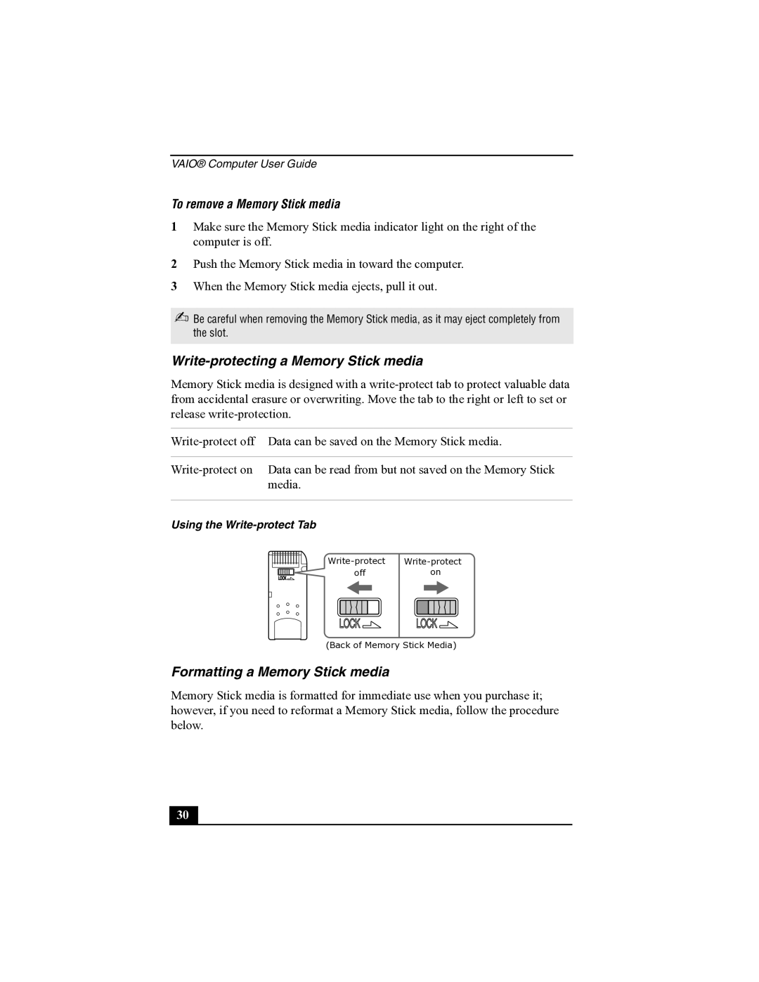 Sony R505 manual Write-protecting a Memory Stick media, Formatting a Memory Stick media, To remove a Memory Stick media 