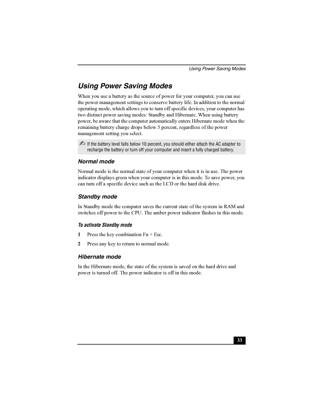 Sony R505 manual Using Power Saving Modes, Normal mode, Hibernate mode, To activate Standby mode 