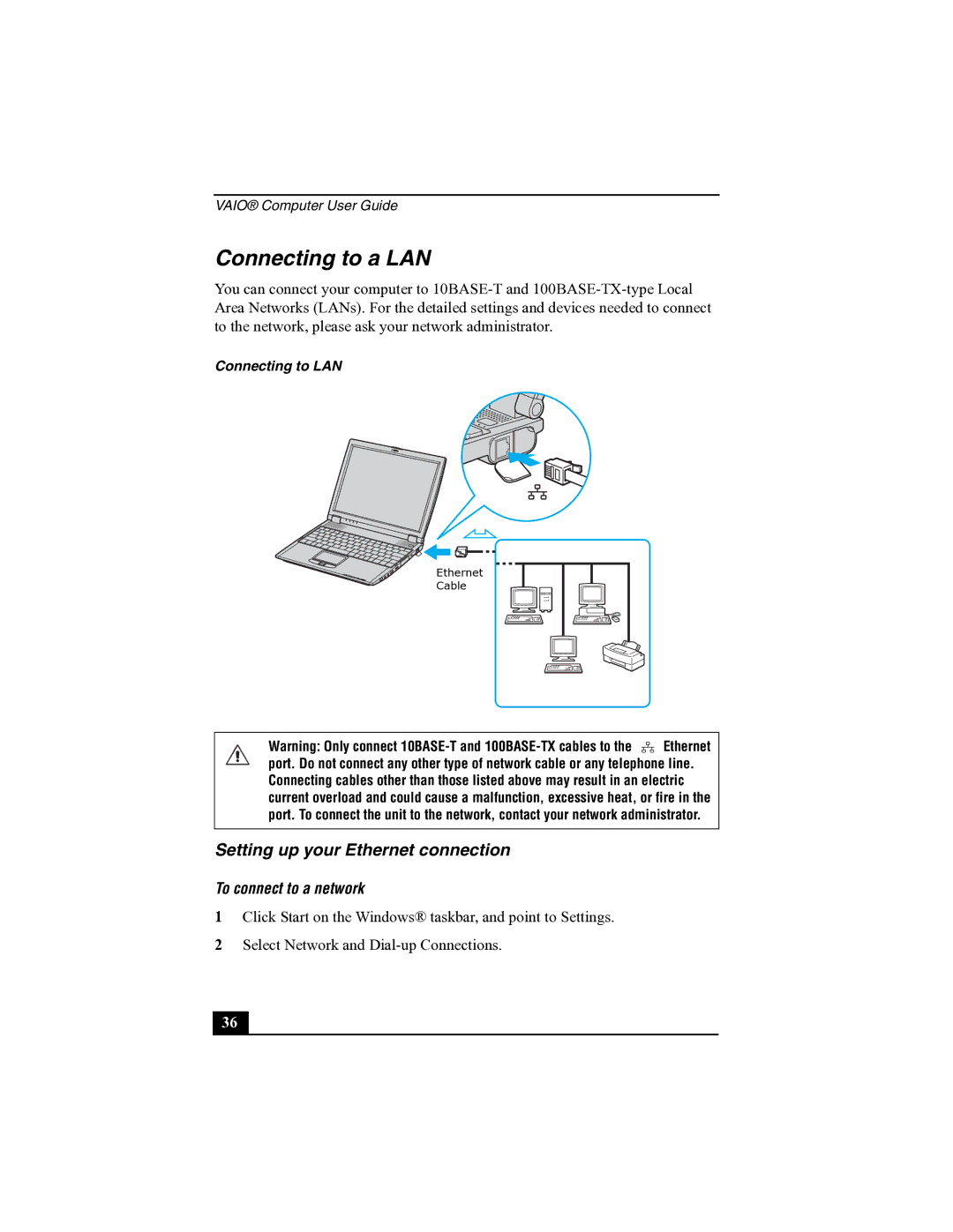 Sony R505 manual Connecting to a LAN, Setting up your Ethernet connection, To connect to a network 