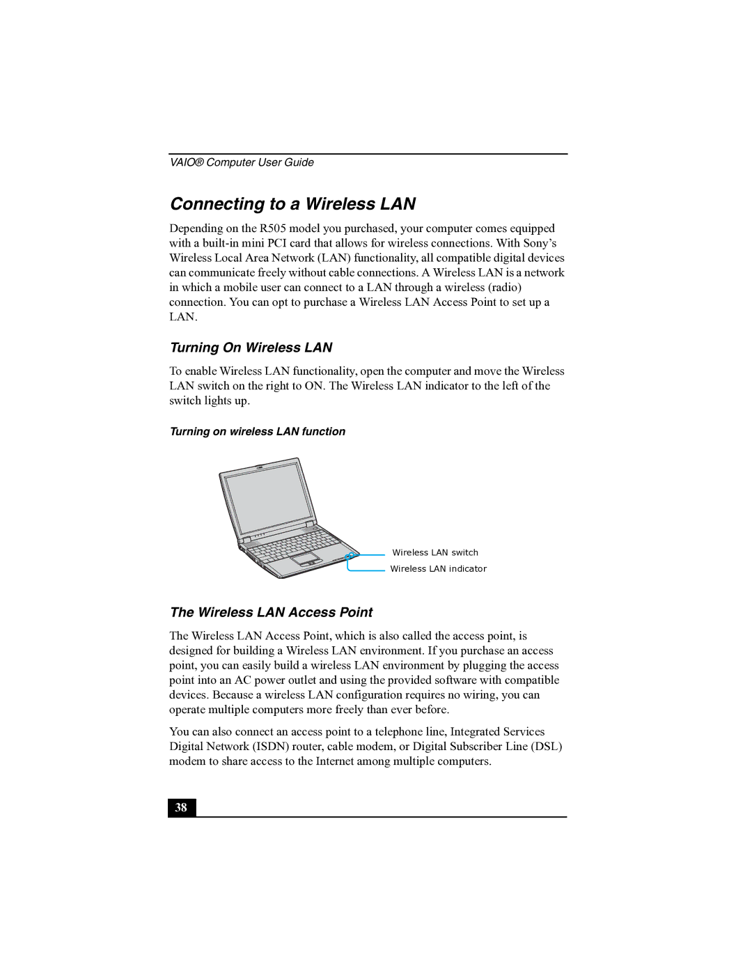 Sony R505 manual Connecting to a Wireless LAN, Turning On Wireless LAN, Wireless LAN Access Point 