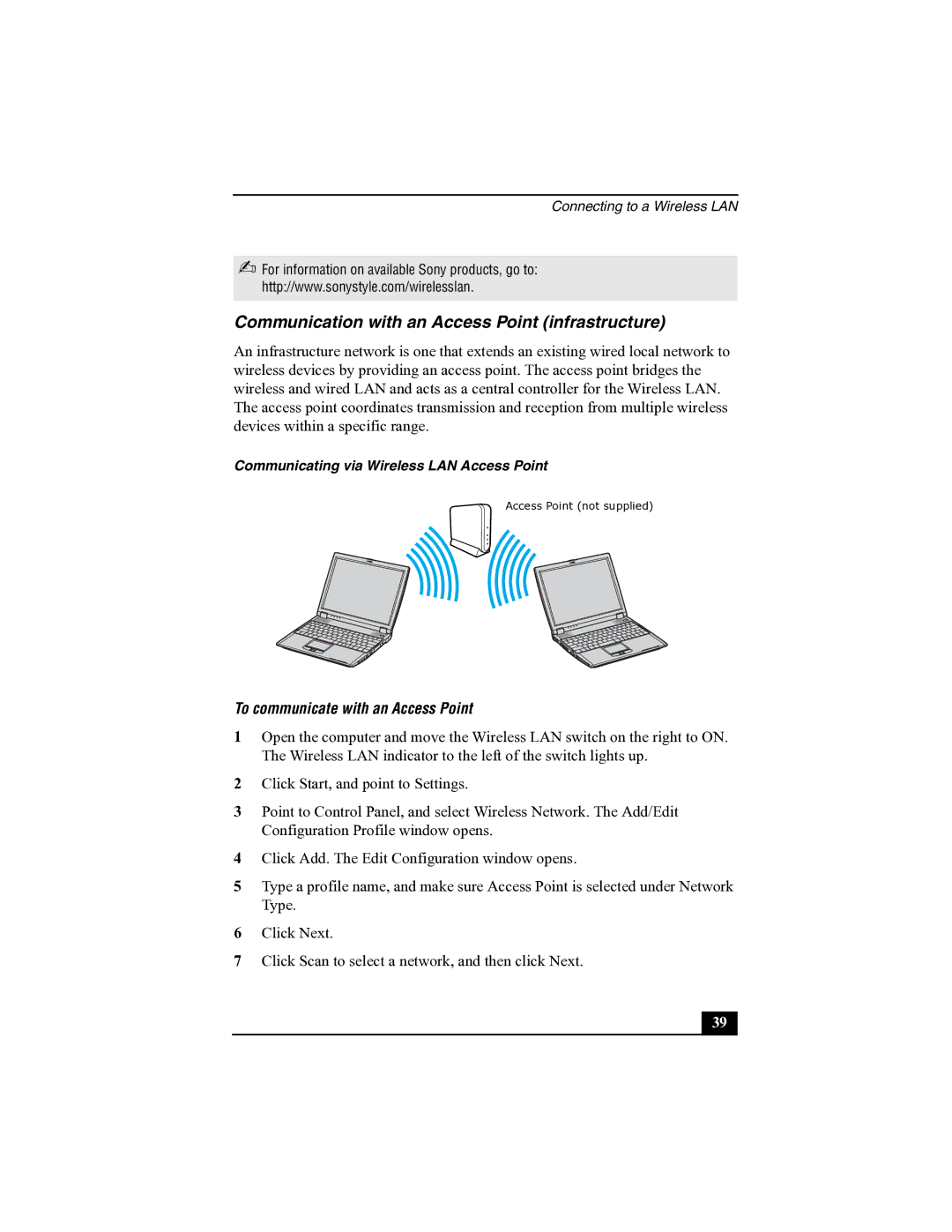 Sony R505 manual Communication with an Access Point infrastructure, To communicate with an Access Point 