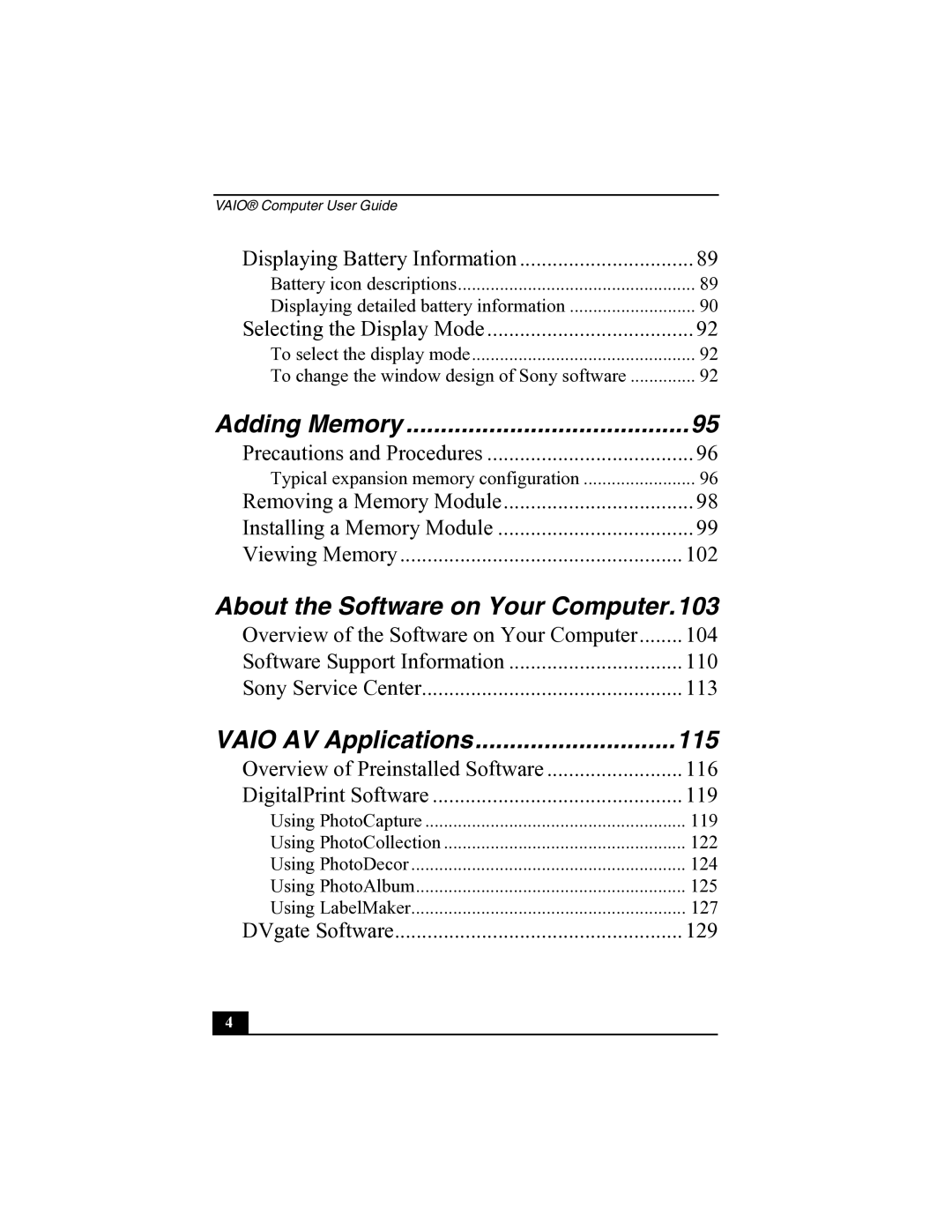 Sony R505 manual About the Software on Your Computer.103, Adding Memory 