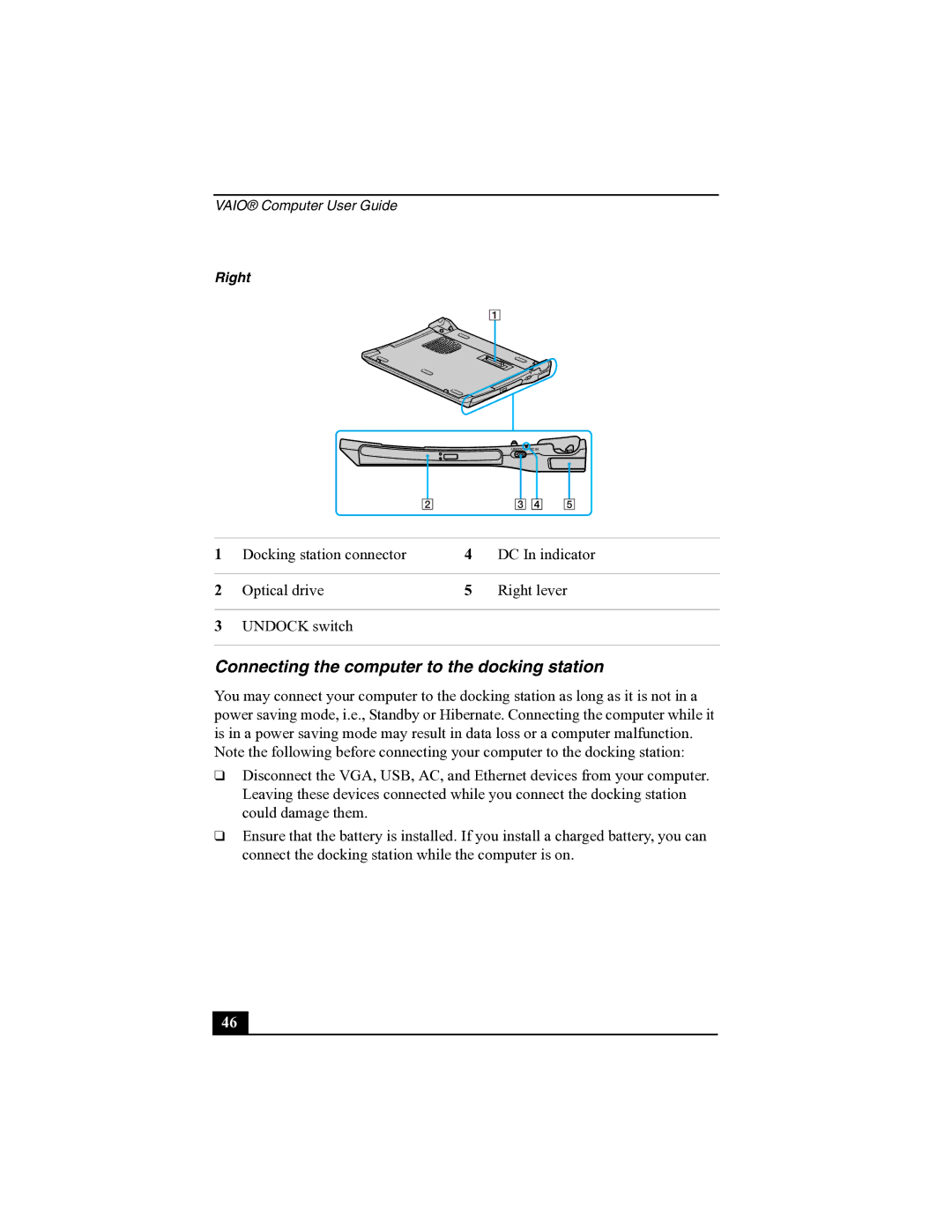 Sony R505 manual Connecting the computer to the docking station 