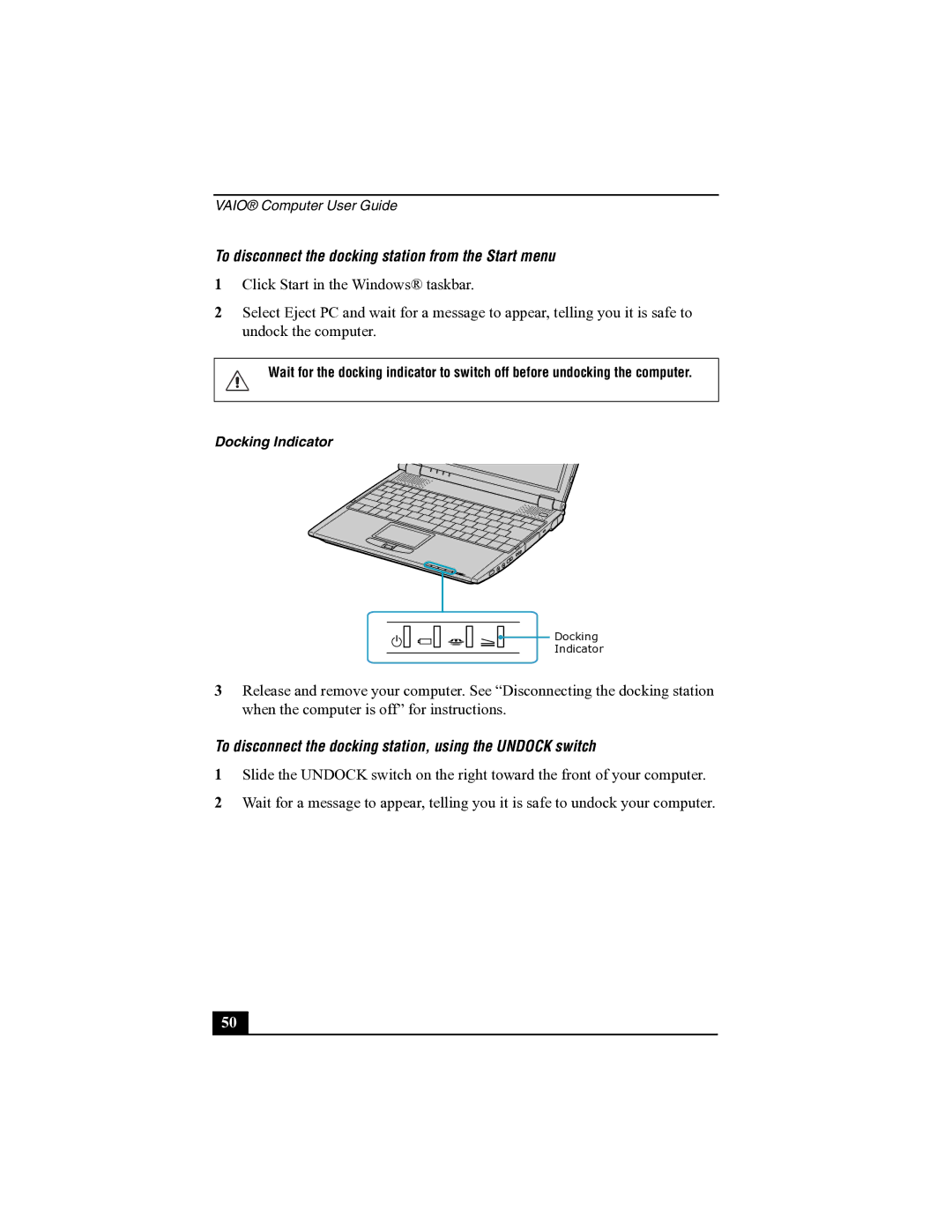 Sony R505 manual To disconnect the docking station from the Start menu 