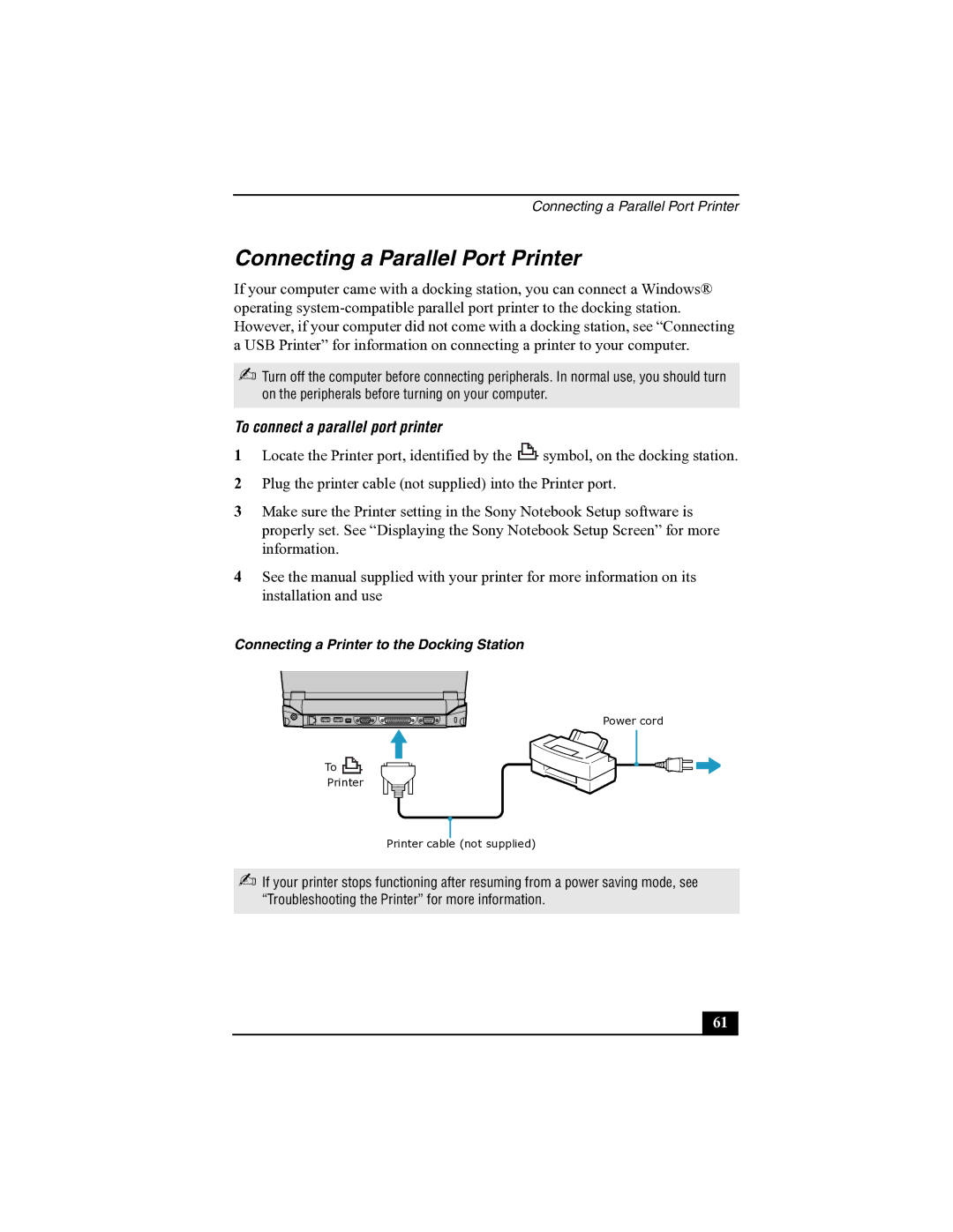 Sony R505 manual Connecting a Parallel Port Printer, To connect a parallel port printer 