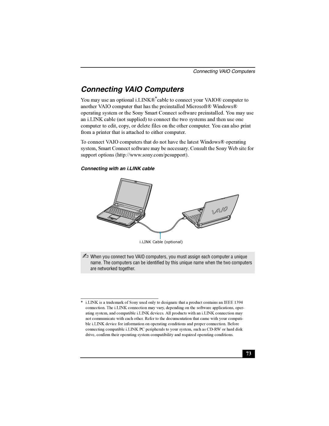 Sony R505 manual Connecting Vaio Computers, Connecting with an i.LINK cable 