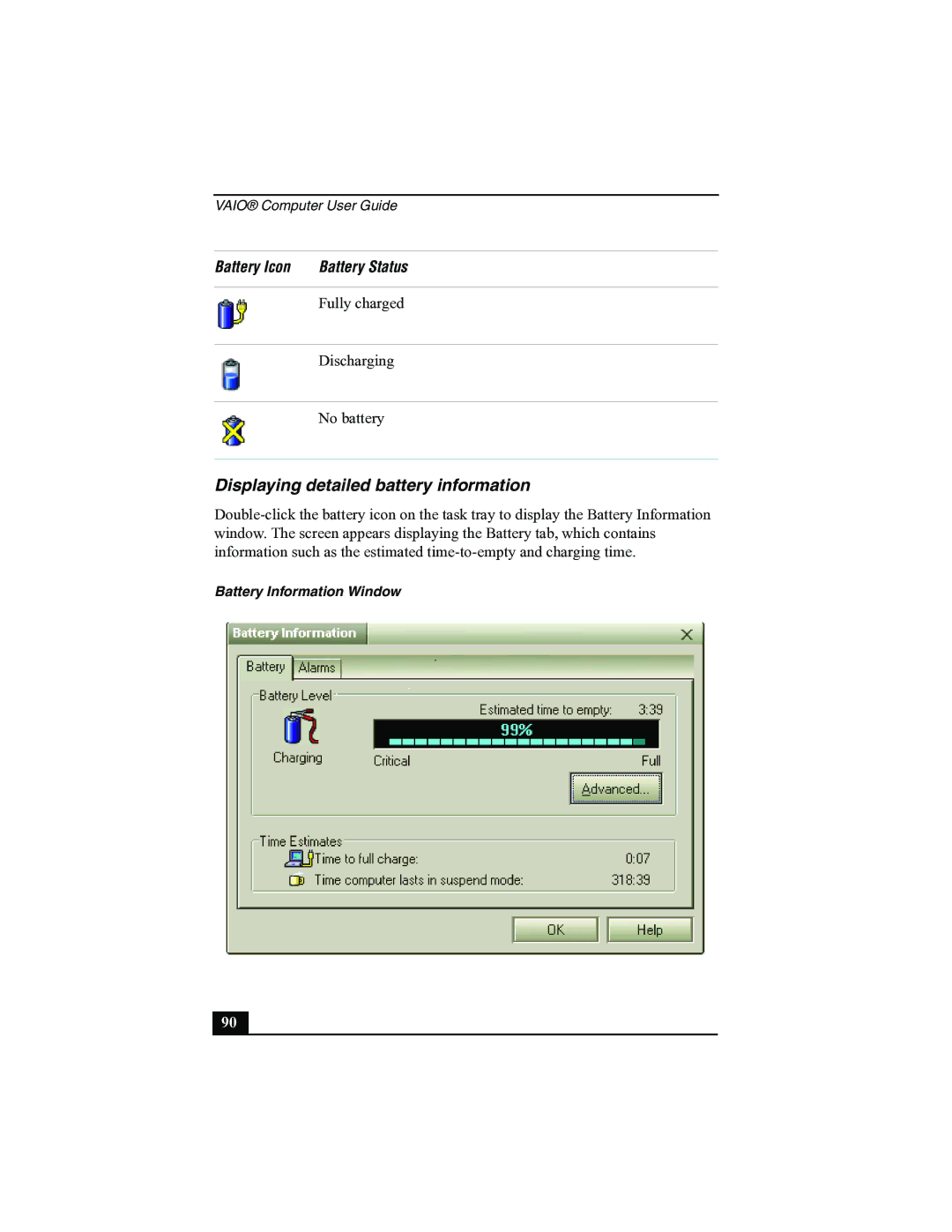 Sony R505 manual Displaying detailed battery information 