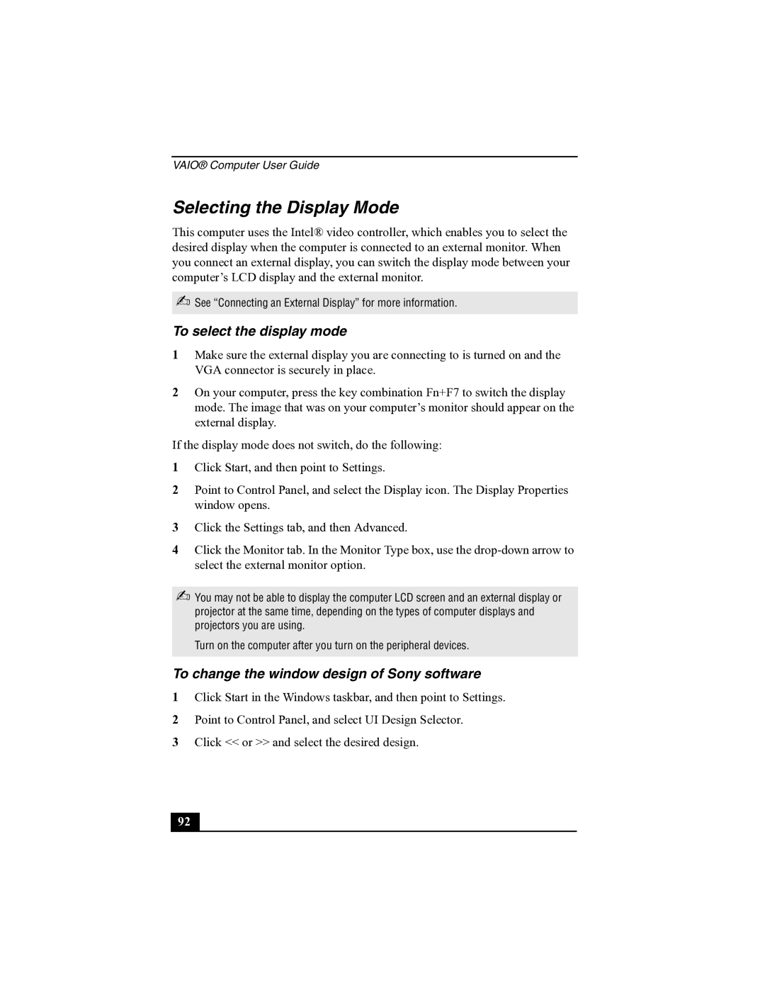 Sony R505 manual Selecting the Display Mode, To select the display mode, To change the window design of Sony software 