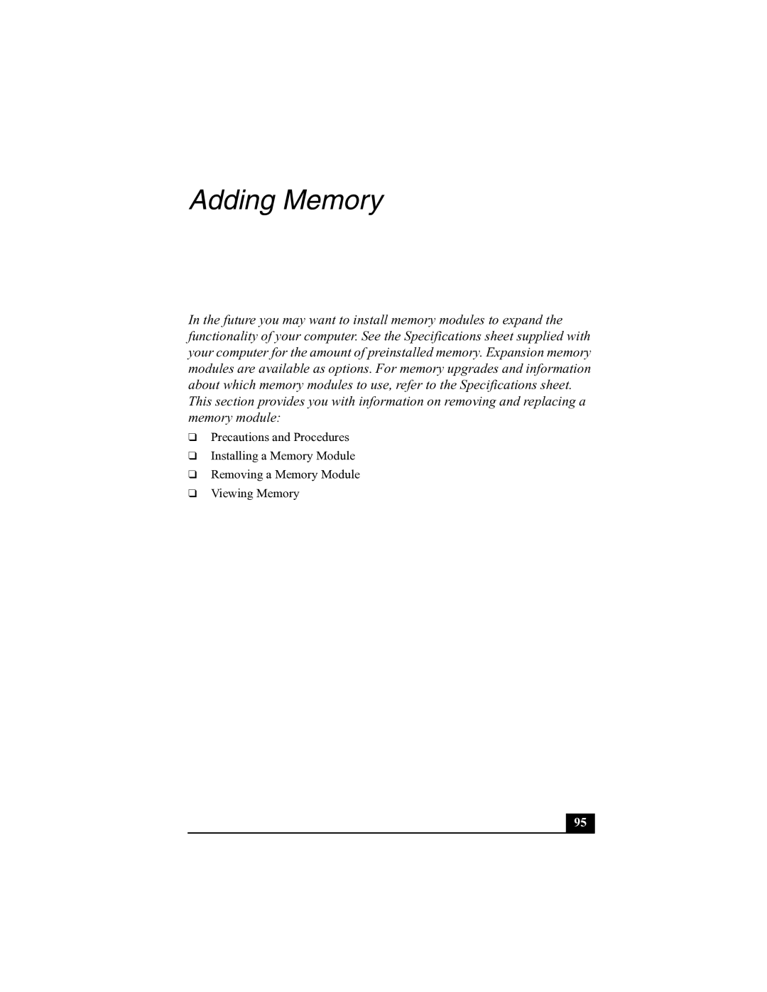 Sony R505 manual Adding Memory 