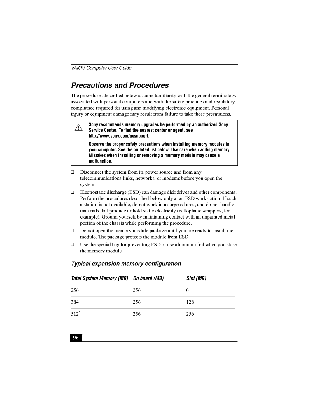 Sony R505 manual Precautions and Procedures, Typical expansion memory configuration, On board MB Slot MB 