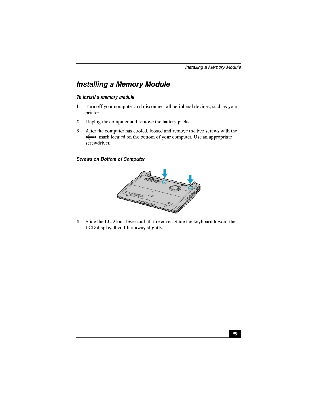 Sony R505 manual Installing a Memory Module, To install a memory module 